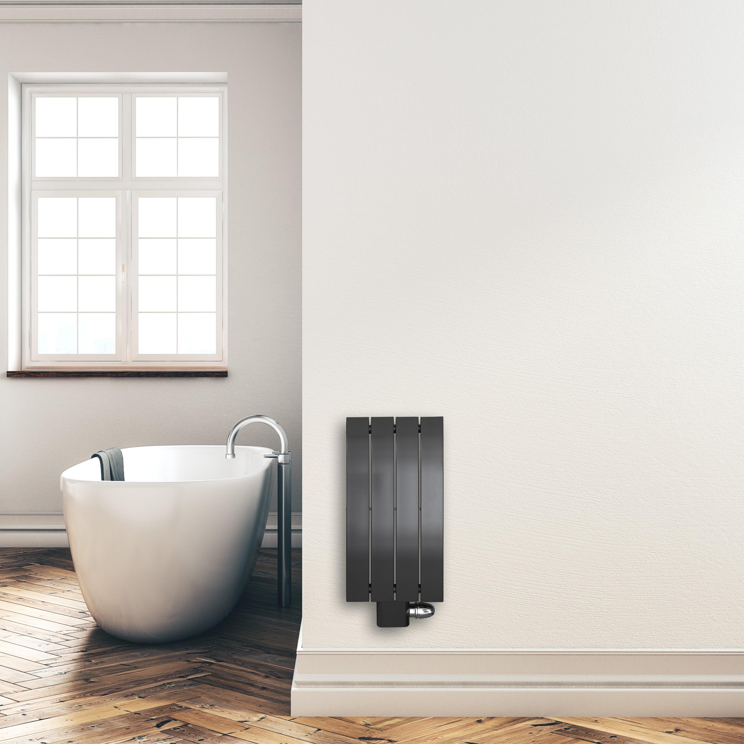 Design Paneelheizkörper 600 x 298 mm vertikal anthrazit Heizkörper Badheizkörper flach Badezimmer Heizung Montagebeispiel - heizkoerper.shop