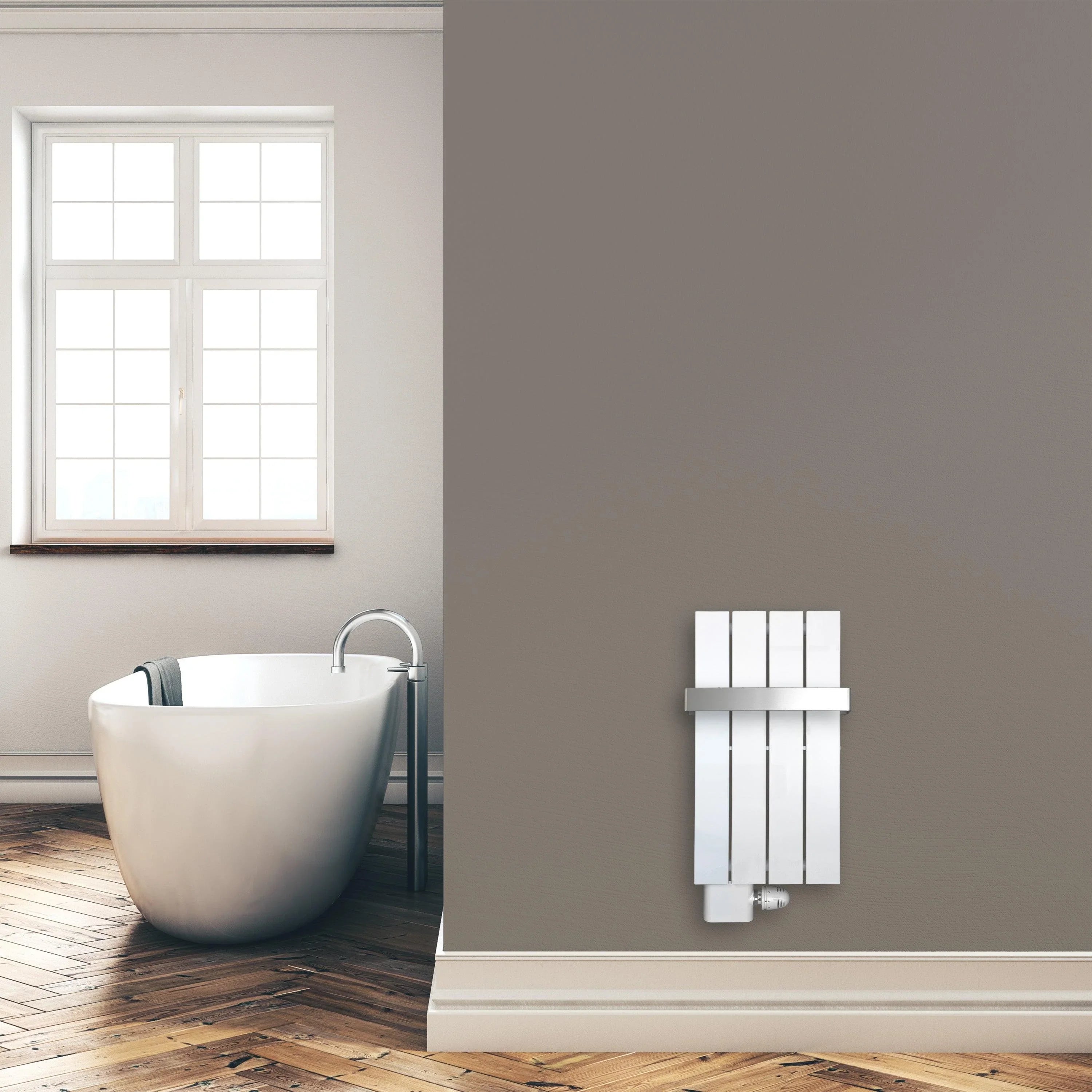 Design Paneelheizkörper 600 x 298 mm Handtuchstange Bad Flachheizkörper Anschluss links versetztem Mittelanschluss flach Montagebeispiel - heizkoerper.shop