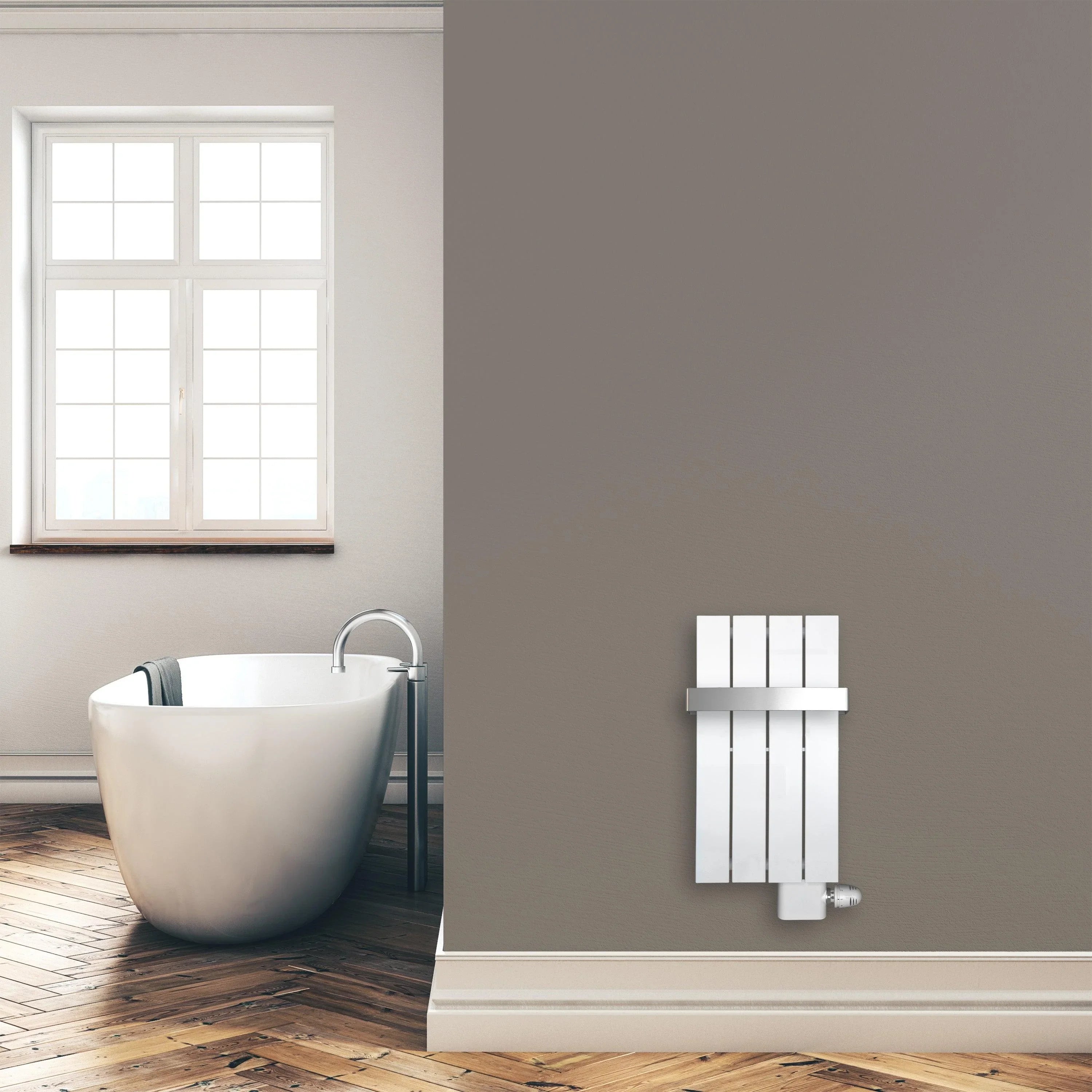 Design Paneelheizkörper 600 x 298 mm Handtuchstange Bad Flachheizkörper Anschluss rechts versetztem Mittelanschluss flach Montagebeispiel - heizkoerper.shop