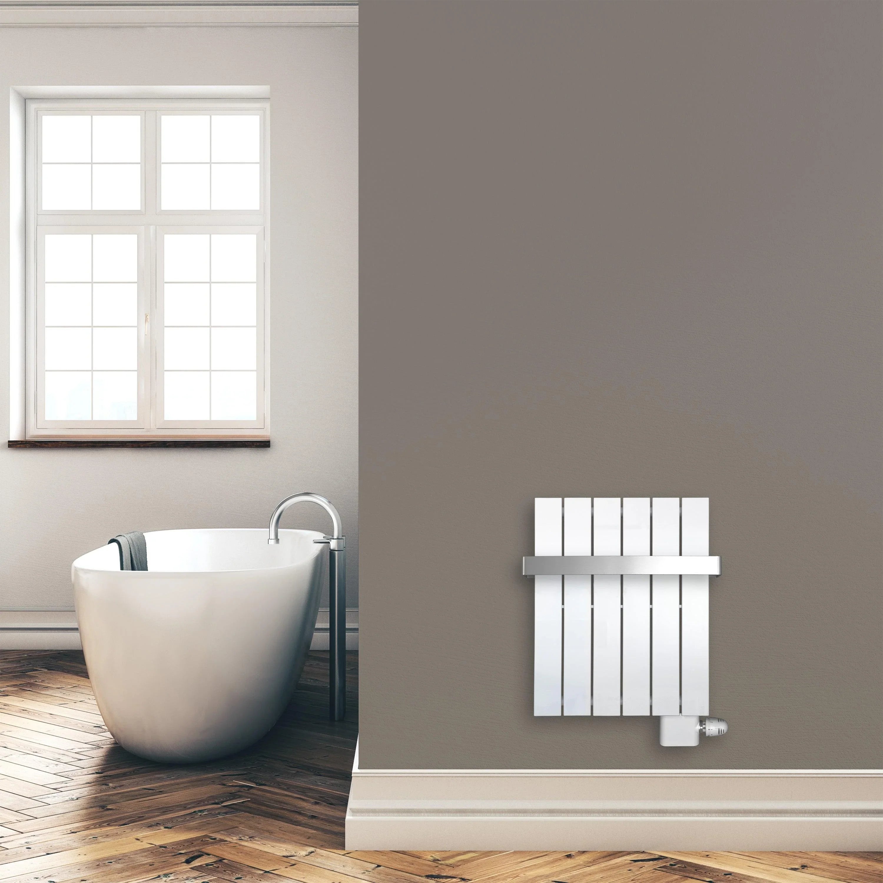 Design Paneelheizkörper 600 x 450 mm Handtuchstange Bad Flachheizkörper Anschluss rechts versetztem Mittelanschluss flach Montagebeispiel - heizkoerper.shop