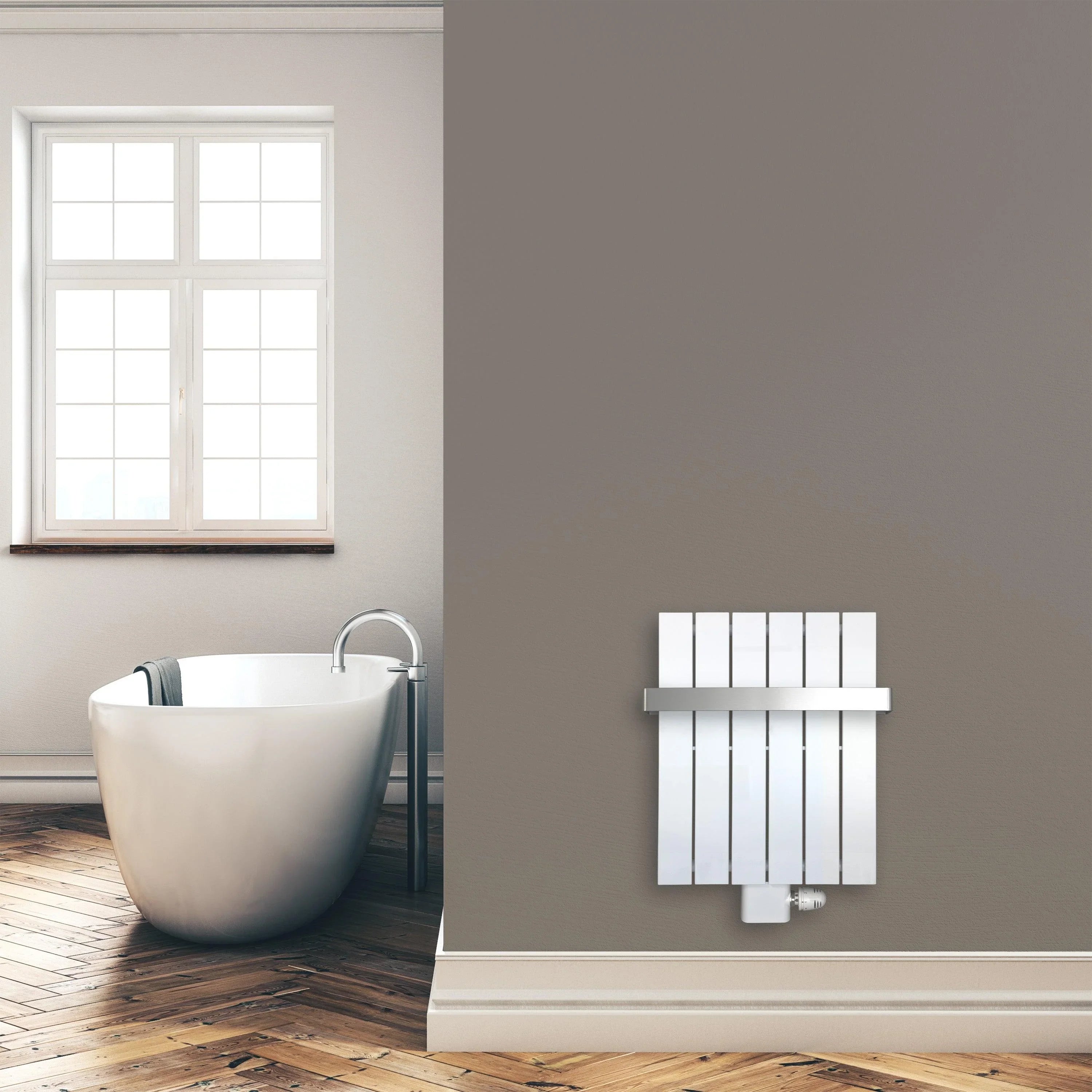 Design Paneelheizkörper 600 x 450 mm vertikal mit Handtuchstange weiß Heizkörper Badheizkörper flach Badezimmer Heizung Montagebeispiel - heizkoerper.shop