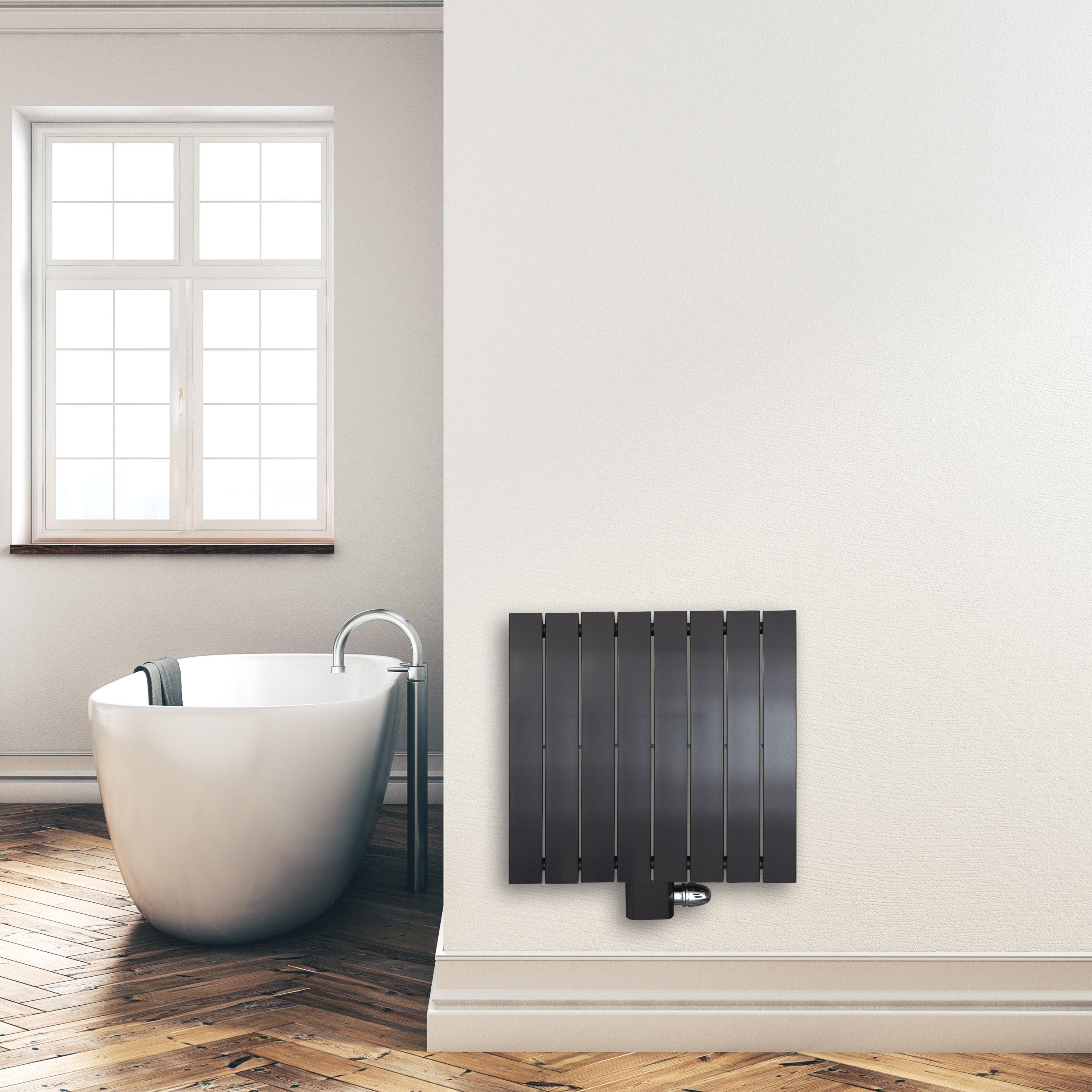 Design Paneelheizkörper 600 x 602 mm vertikal anthrazit Heizkörper Badheizkörper flach Badezimmer Heizung Montagebeispiel - heizkoerper.shop