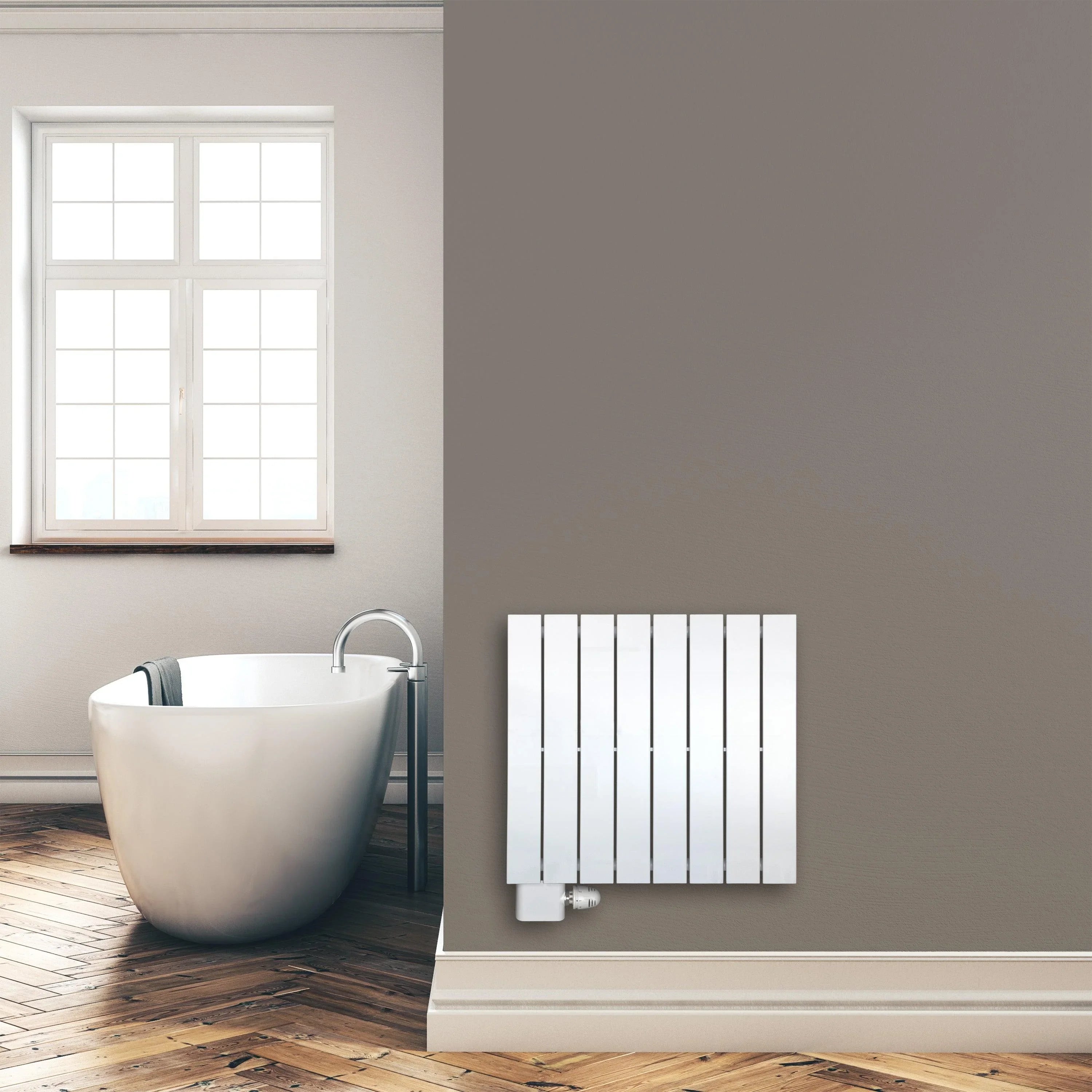 Design Paneelheizkörper 600 x 602 mm Bad Flachheizkörper mit Anschluss links | mit versetztem Mittelanschluss - heizkoerper.shop