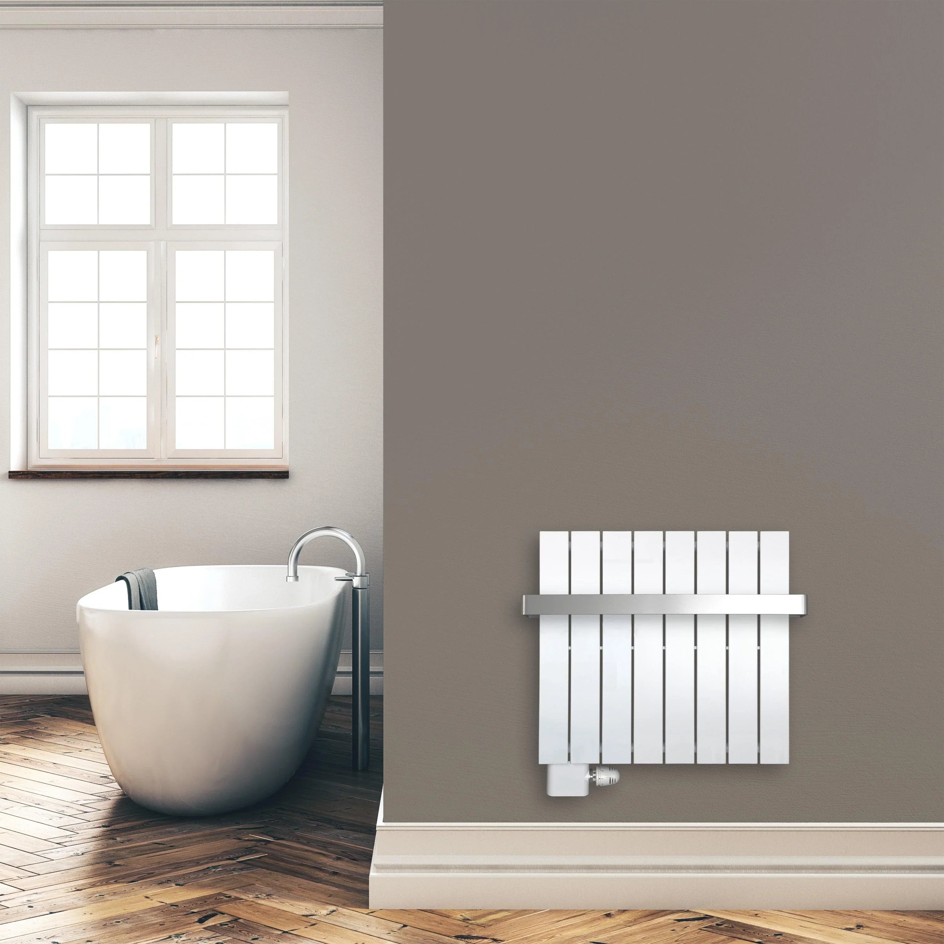 Design Paneelheizkörper 600 x 602 mm Handtuchstange Bad Flachheizkörper Anschluss links versetztem Mittelanschluss flach Montagebeispiel - heizkoerper.shop
