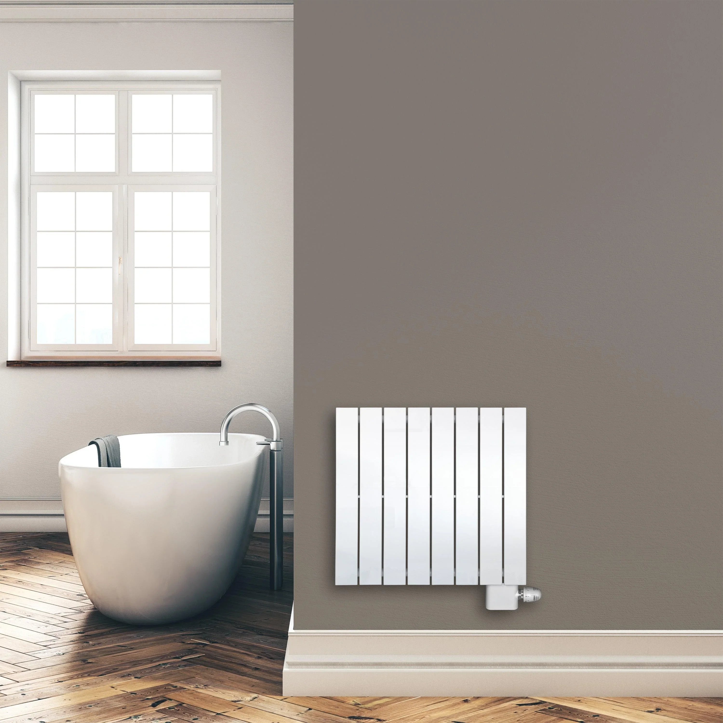 Design Paneelheizkörper 600 x 602 mm Bad Flachheizkörper mit Anschluss rechts | mit versetztem Mittelanschluss - heizkoerper.shop
