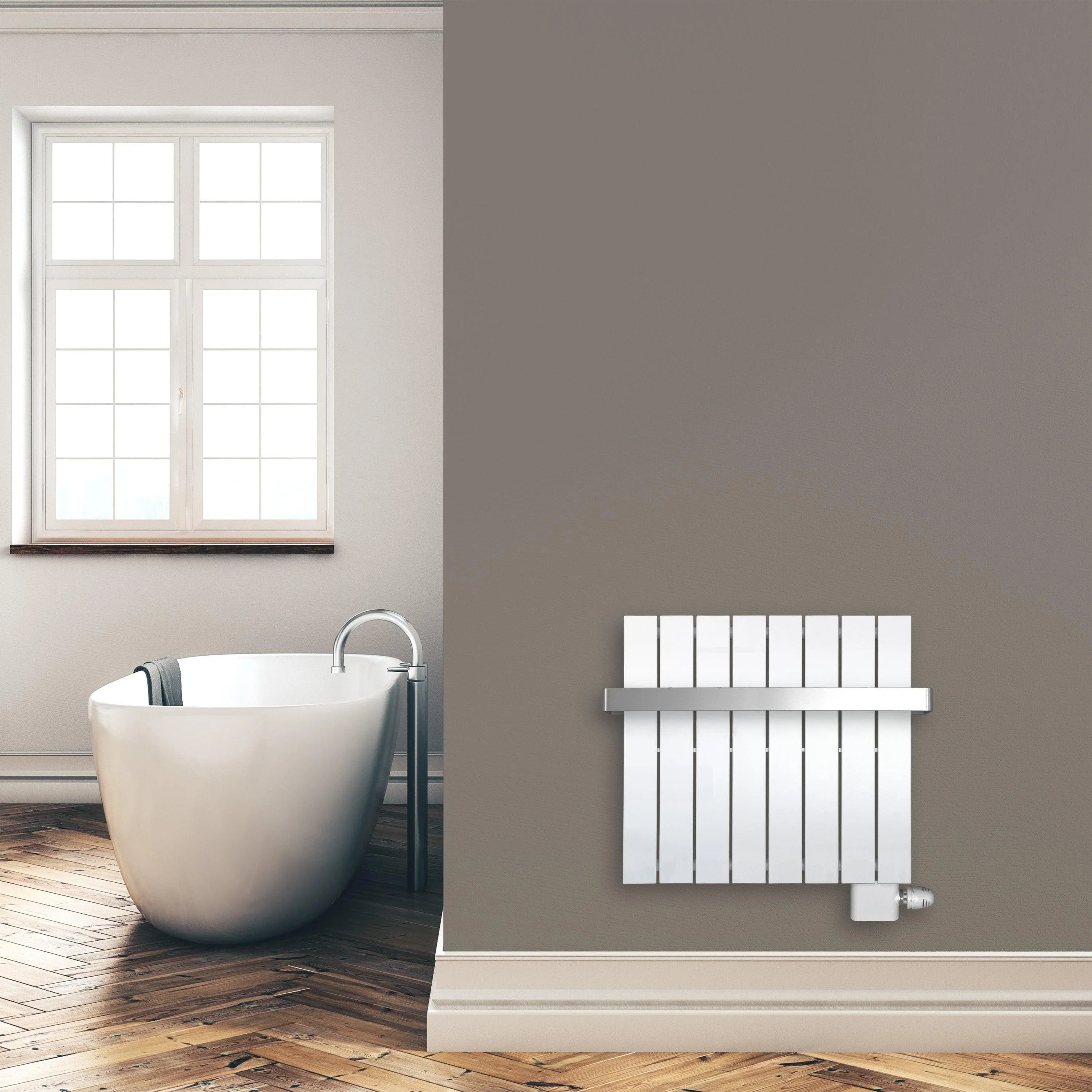 Design Paneelheizkörper 600 x 602 mm Handtuchstange Bad Flachheizkörper Anschluss rechts versetztem Mittelanschluss flach Montagebeispiel - heizkoerper.shop