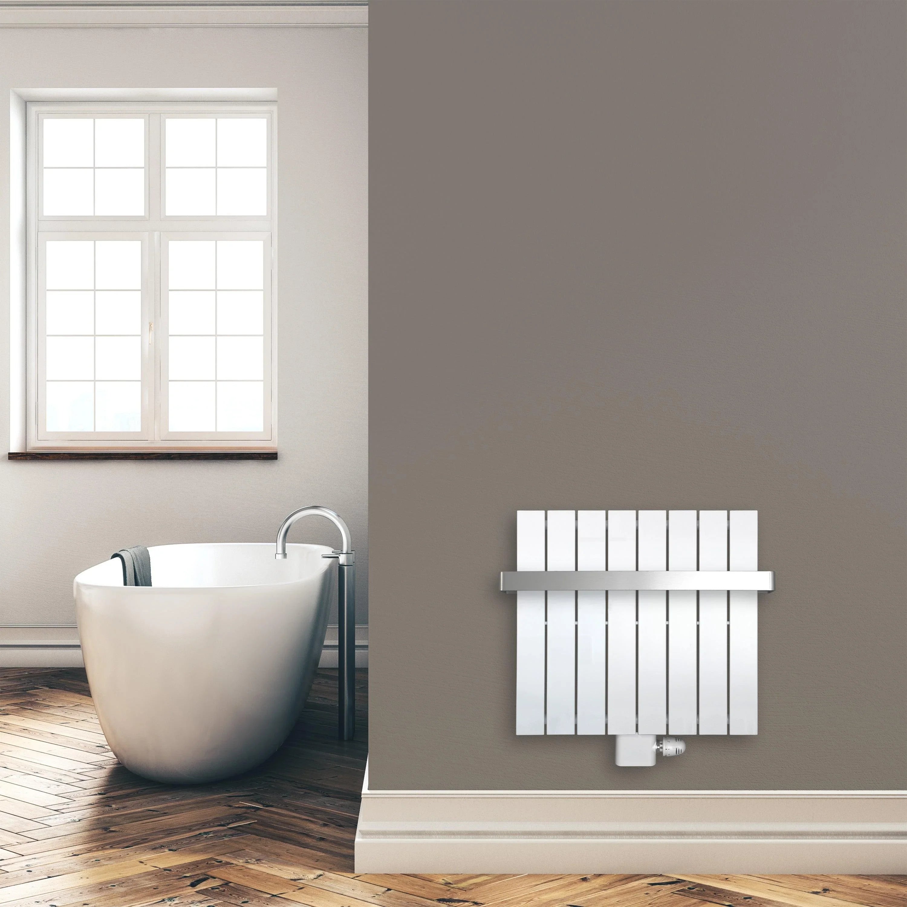 Flachheizkörper 600 x 602 mm mit Mittelanschluss inklusive Handtuchstange weiß Heizkörper Badheizkörper flach Badezimmer Heizung Montagebeispiel - heizkoerper.shop
