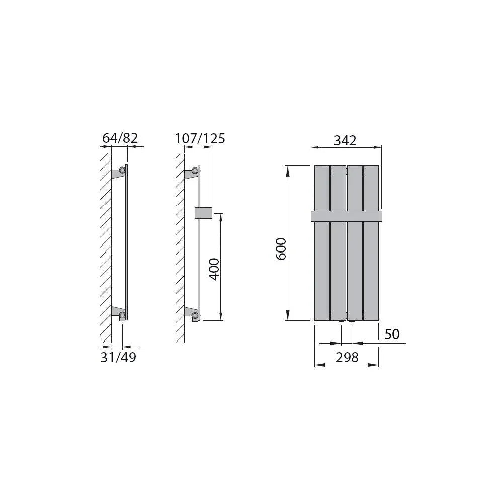 Design Paneelheizkörper vertikal 600 x 298 mit Handtuchstange anthrazit Heizkörper Badheizkörper flach Badezimmer Heizung technische Zeichnung - heizkoerper.shop