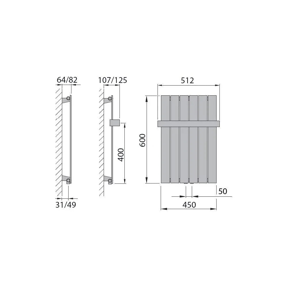 Design Paneelheizkörper vertikal 600 x 450 mit Handtuchstange anthrazit Heizkörper Badheizkörper flach Badezimmer Heizung technische Zeichnung - heizkoerper.shop