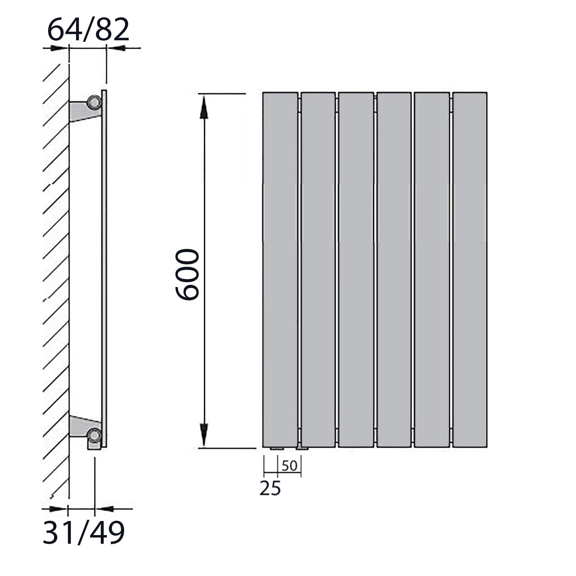 Design Paneelheizkörper Bad Flachheizkörper 600 x 450 mit Anschluss links | mit versetztem Mittelanschluss flach technische Zeichnung - heizkoerper.shop