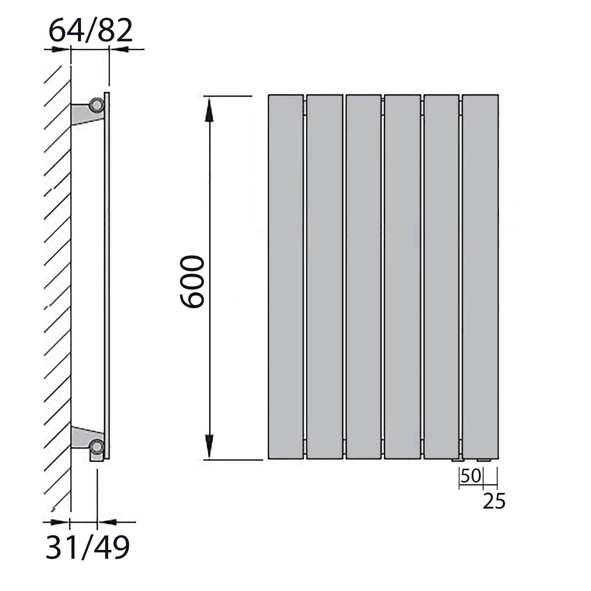 Design Paneelheizkörper Bad Flachheizkörper 600 x 450 mit Anschluss rechts | mit versetztem Mittelanschluss flach technische Zeichnung - heizkoerper.shop