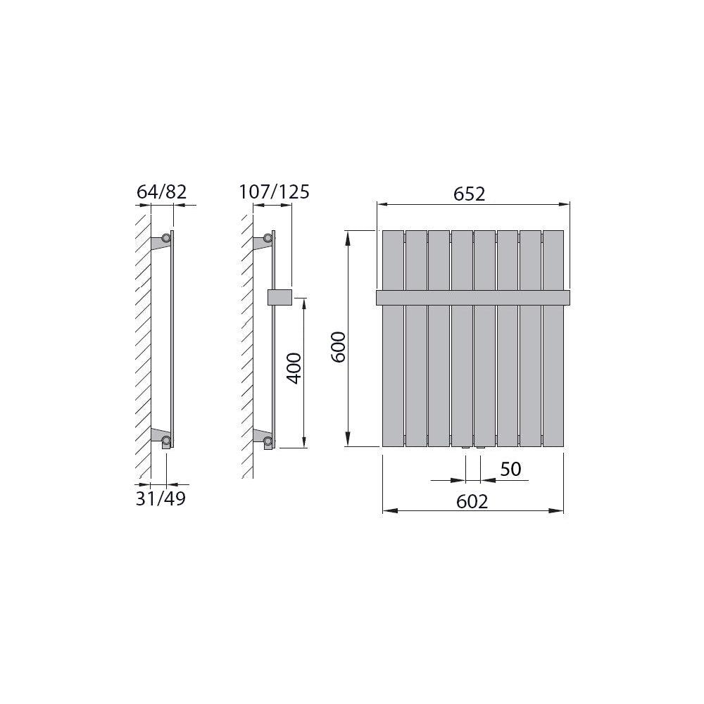 Flachheizkörper mit Mittelanschluss 600 x 602 mit Handtuchstange weiß Heizkörper Badheizkörper flach Badezimmer Heizung technische Zeichnung - heizkoerper.shop