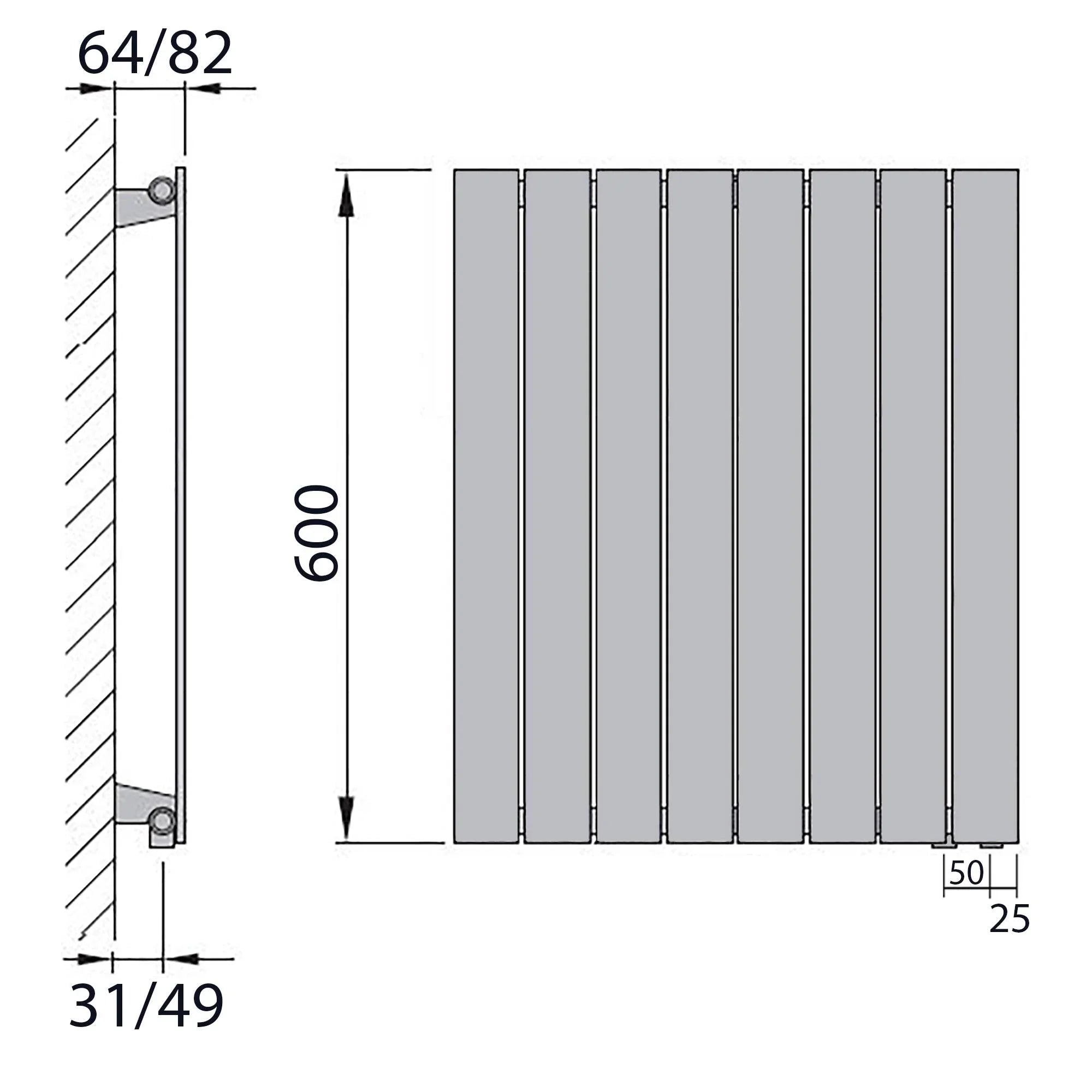 Design Paneelheizkörper Bad Flachheizkörper 600 x 602 mit Anschluss rechts | mit versetztem Mittelanschluss flach technische Zeichnung - heizkoerper.shop
