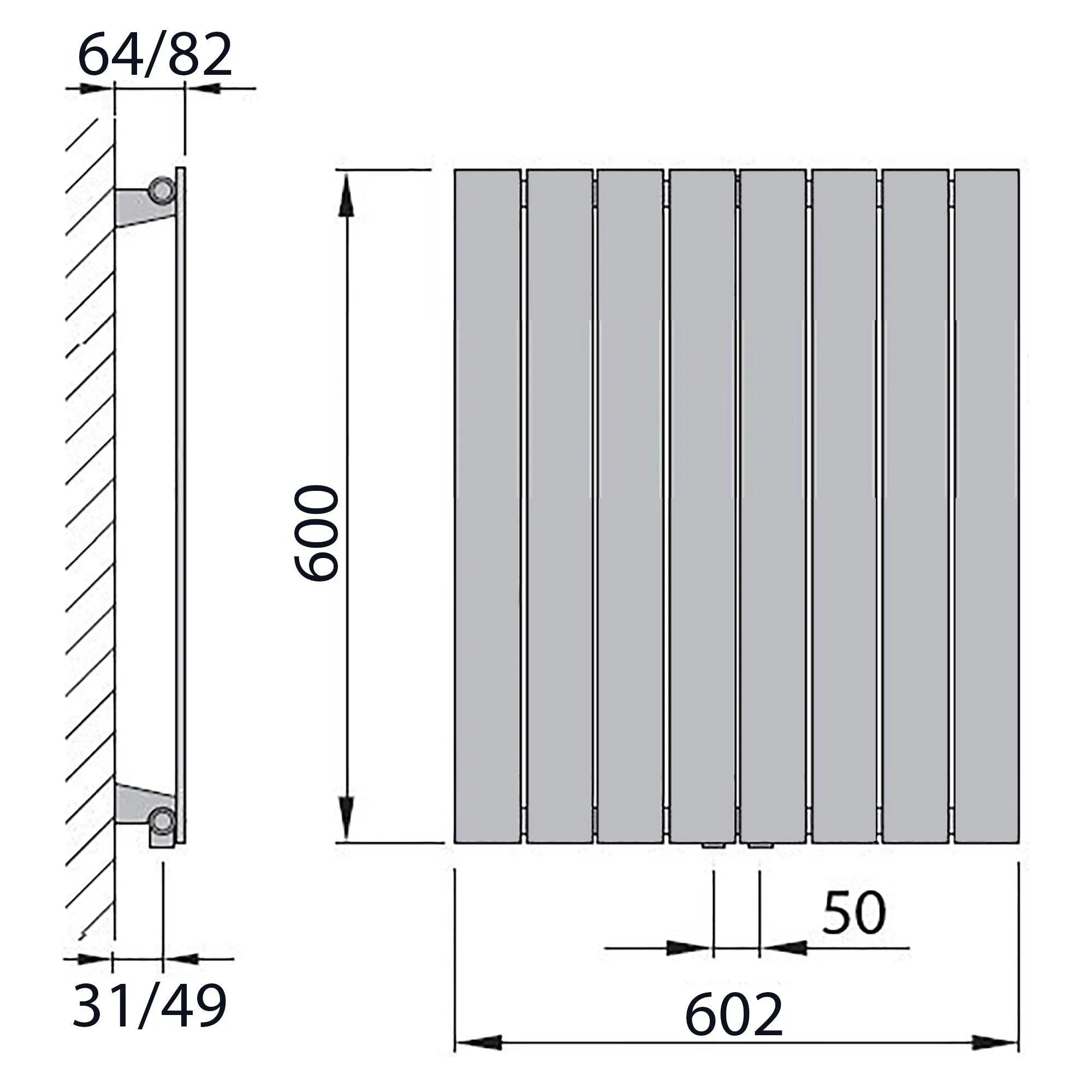 Flachheizkörper mit Mittelanschluss 600 x 602 anthrazit Heizkörper Badheizkörper flach Badezimmer Heizung technische Zeichnung - heizkoerper.shop