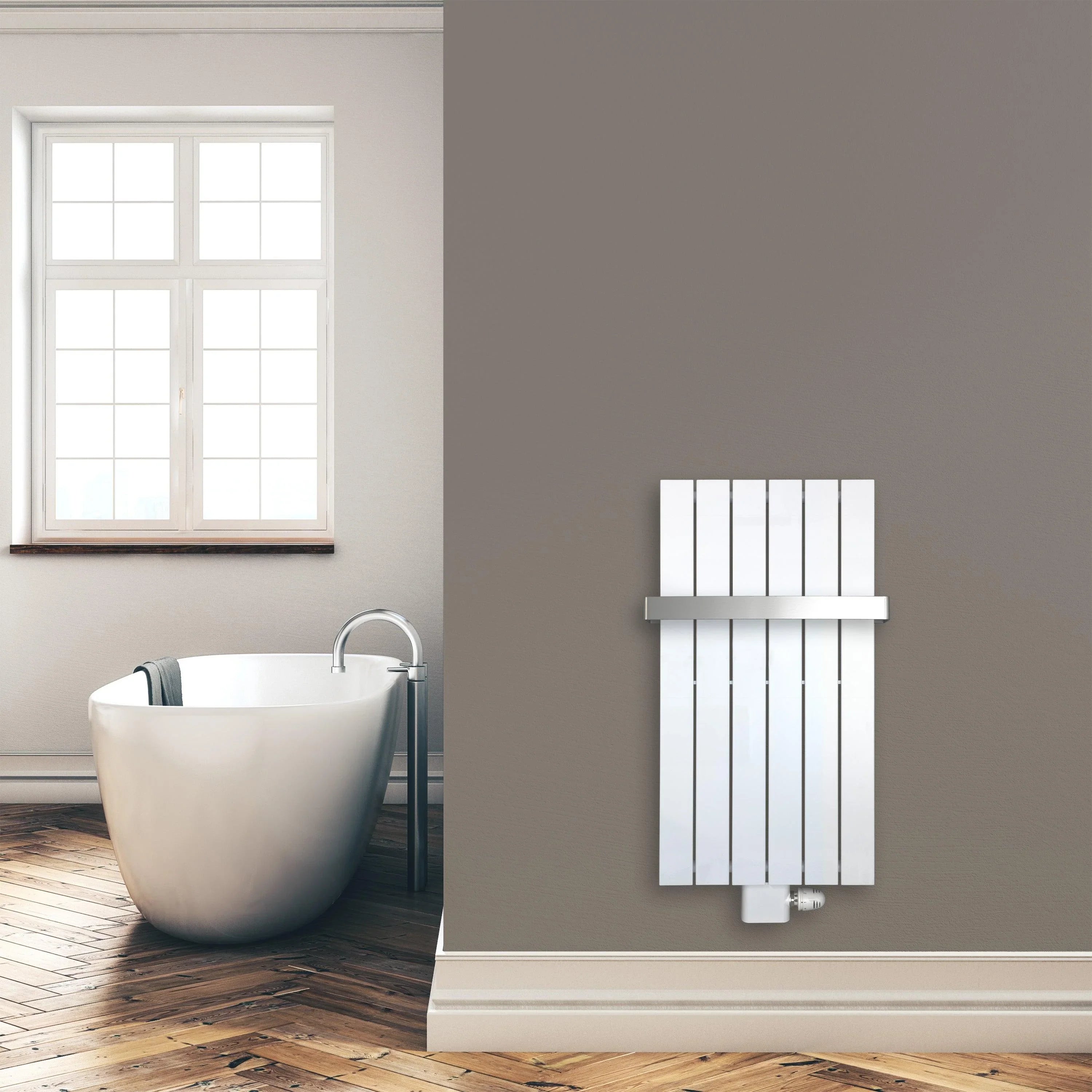 Flachheizkörper 900 x 450 mm mit Mittelanschluss inklusive Handtuchstange weiß Heizkörper Badheizkörper flach Badezimmer Heizung Montagebeispiel - heizkoerper.shop