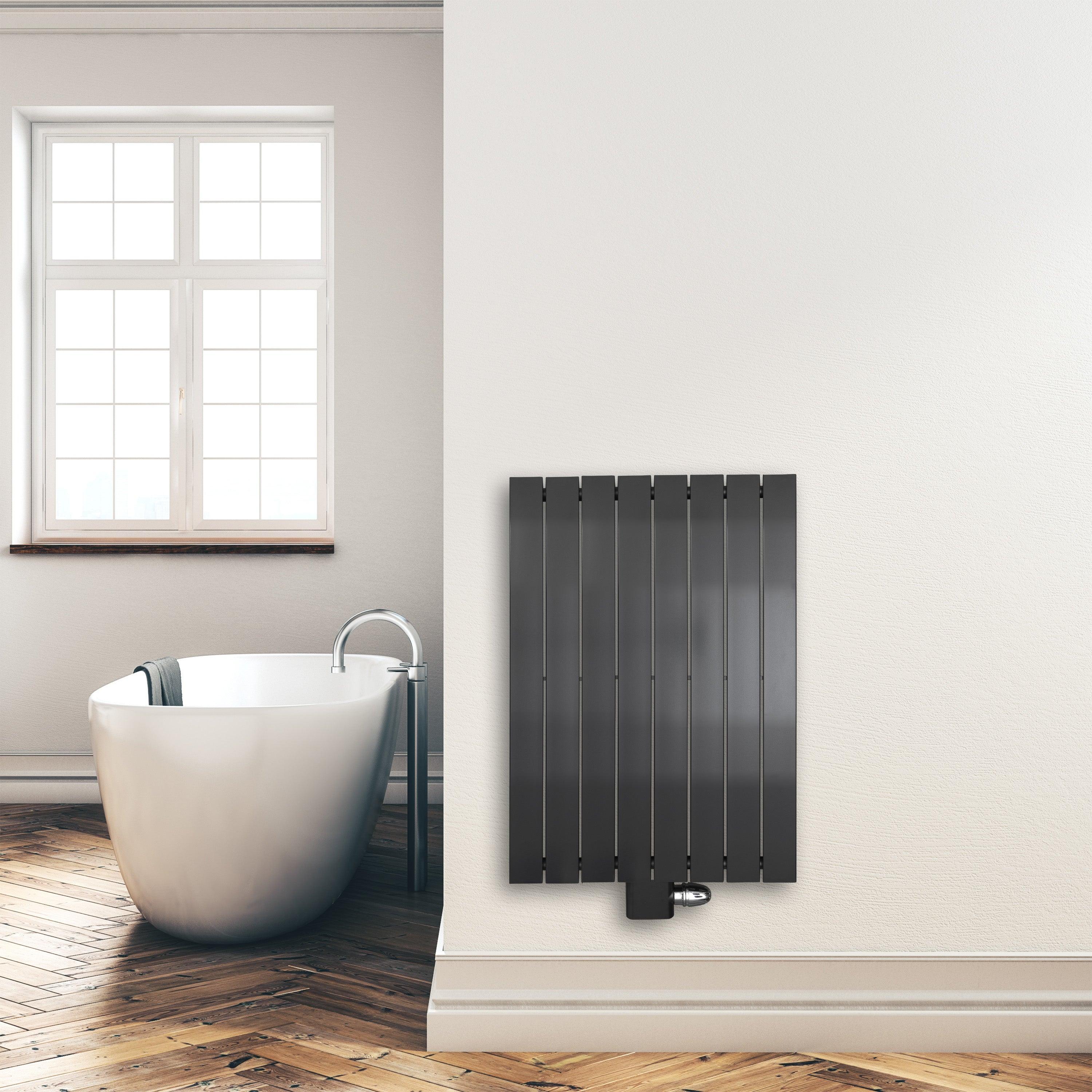 Design Paneelheizkörper 900 x 602 mm vertikal anthrazit Heizkörper Badheizkörper flach Badezimmer Heizung Montagebeispiel - heizkoerper.shop
