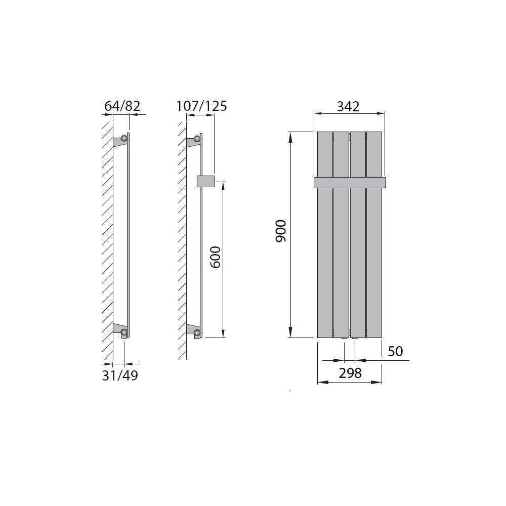 Flachheizkörper mit Mittelanschluss 900 x 298 mit Handtuchstange weiß Heizkörper Badheizkörper flach Badezimmer Heizung technische Zeichnung - heizkoerper.shop