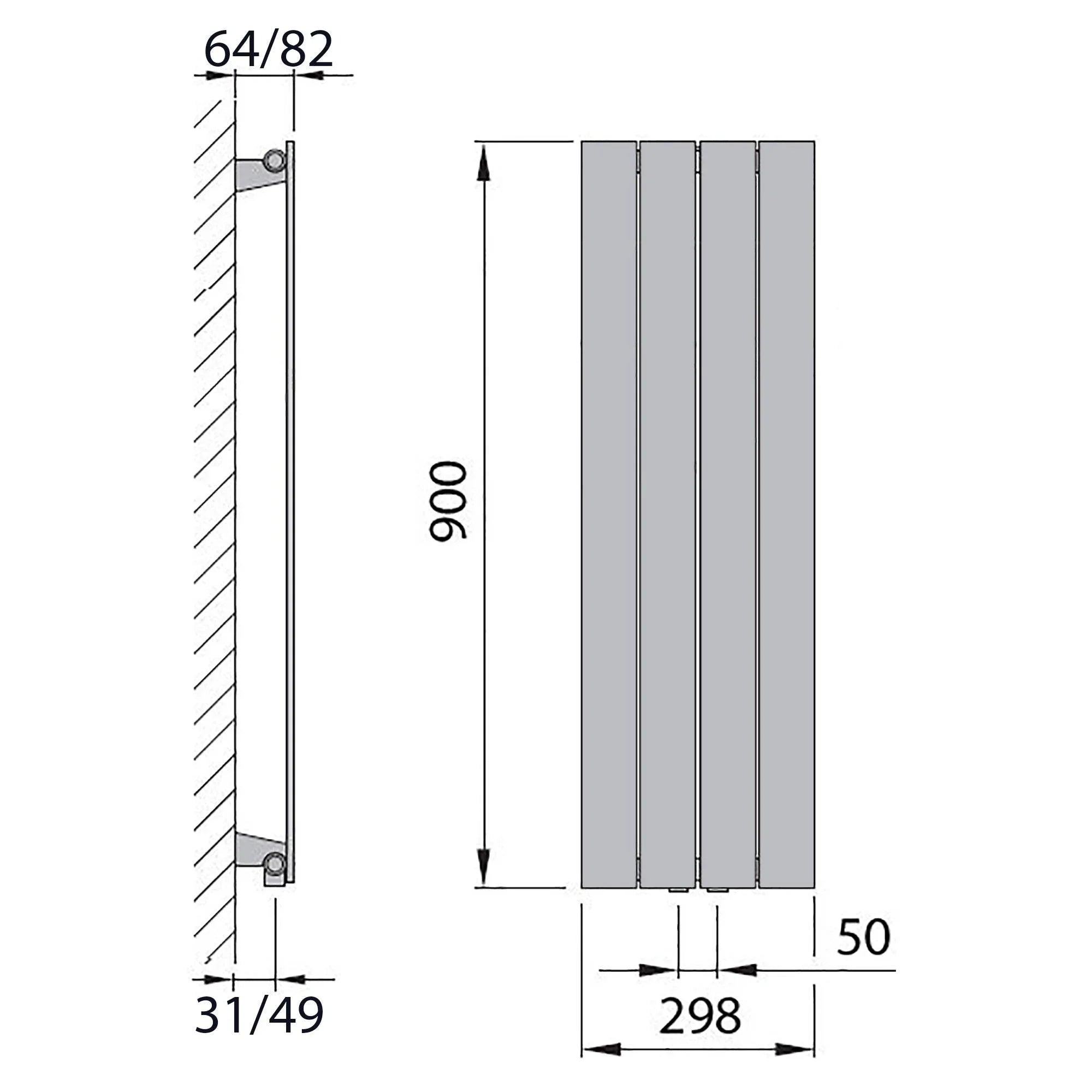 Flachheizkörper mit Mittelanschluss 900 x 298 anthrazit Heizkörper Badheizkörper flach Badezimmer Heizung technische Zeichnung - heizkoerper.shop