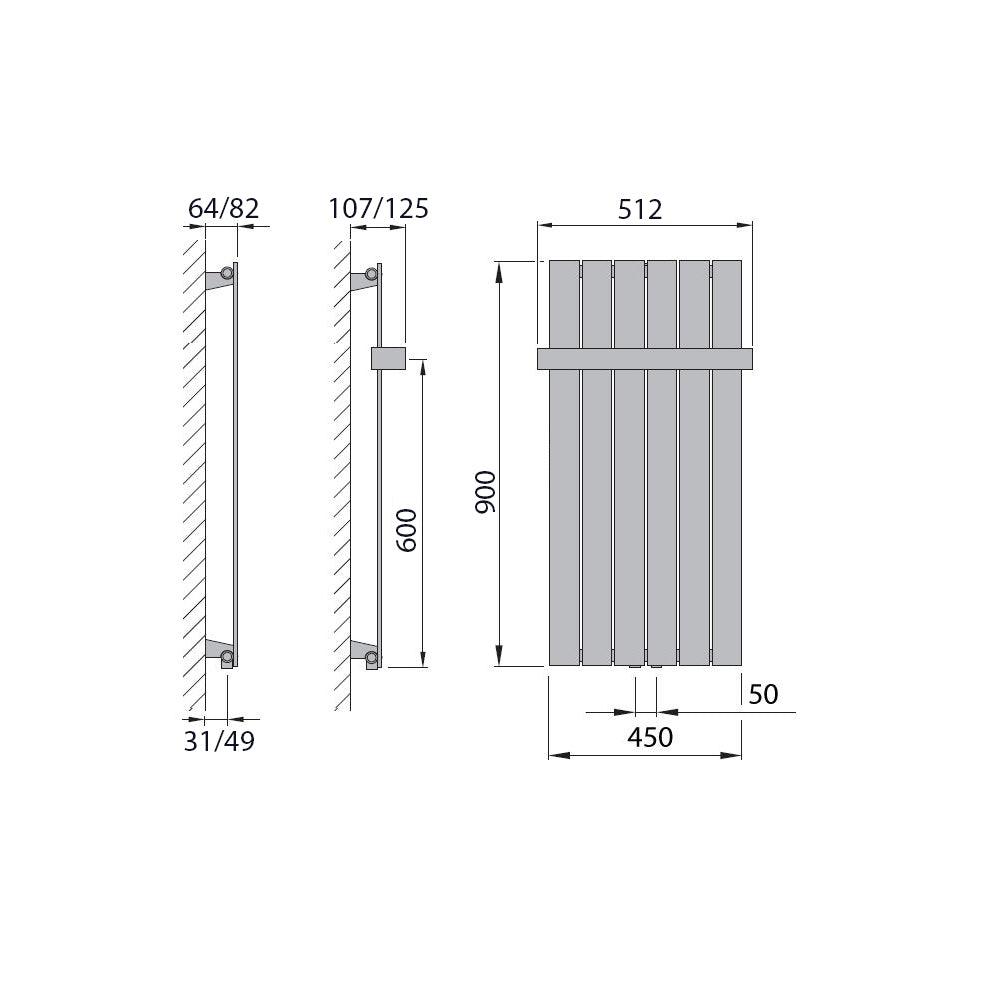 Flachheizkörper mit Mittelanschluss 900 x 450 mit Handtuchstange weiß Heizkörper Badheizkörper flach Badezimmer Heizung technische Zeichnung - heizkoerper.shop