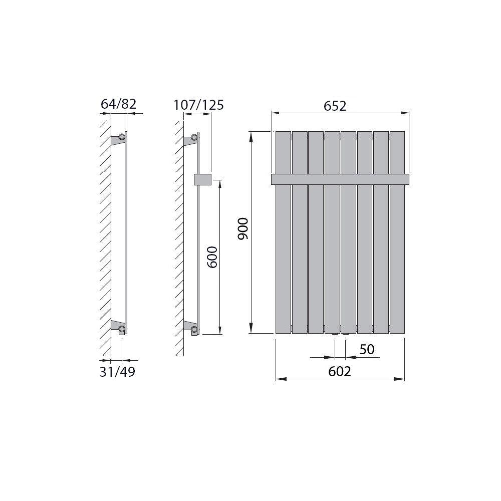 Flachheizkörper mit Mittelanschluss 900 x 602 mit Handtuchstange weiß Heizkörper Badheizkörper flach Badezimmer Heizung technische Zeichnung - heizkoerper.shop