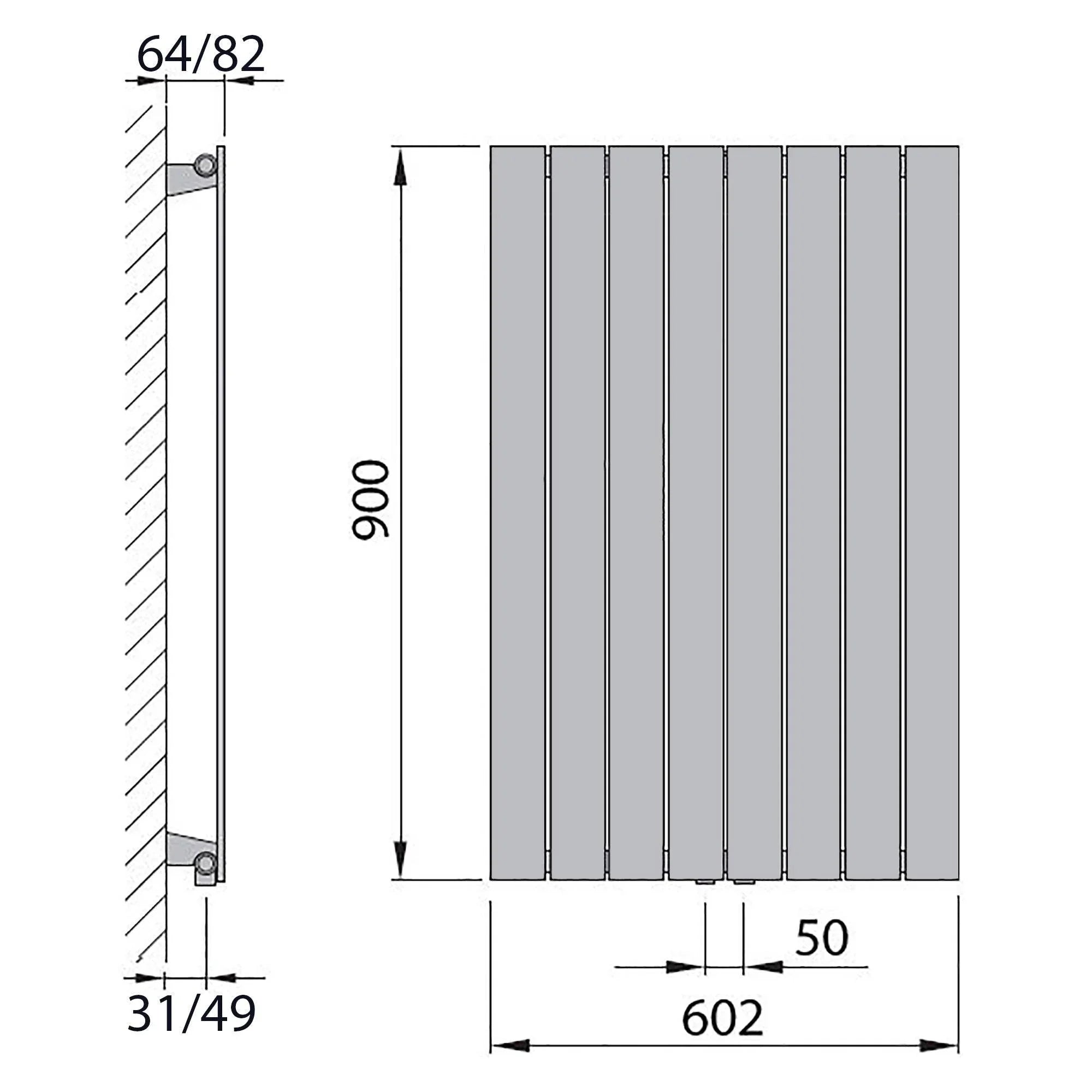 Flachheizkörper mit Mittelanschluss 900 x 602 anthrazit Heizkörper Badheizkörper flach Badezimmer Heizung technische Zeichnung - heizkoerper.shop