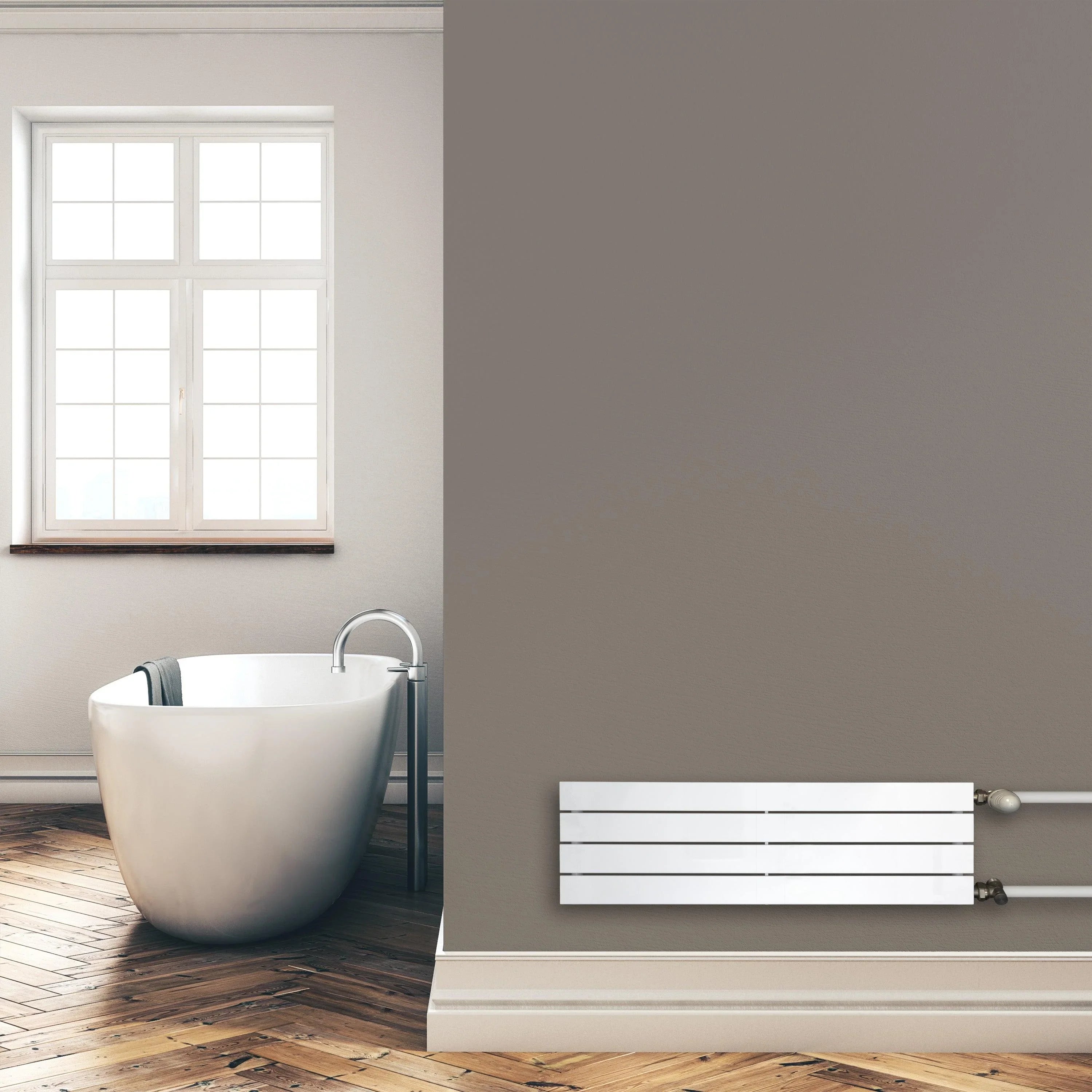 Design Paneelheizkörper 298 x 1000 mm horizontal mit seitlichem Anschluss Heizkörper Badheizkörper flach Montagebeispiel - heizkoerper.shop
