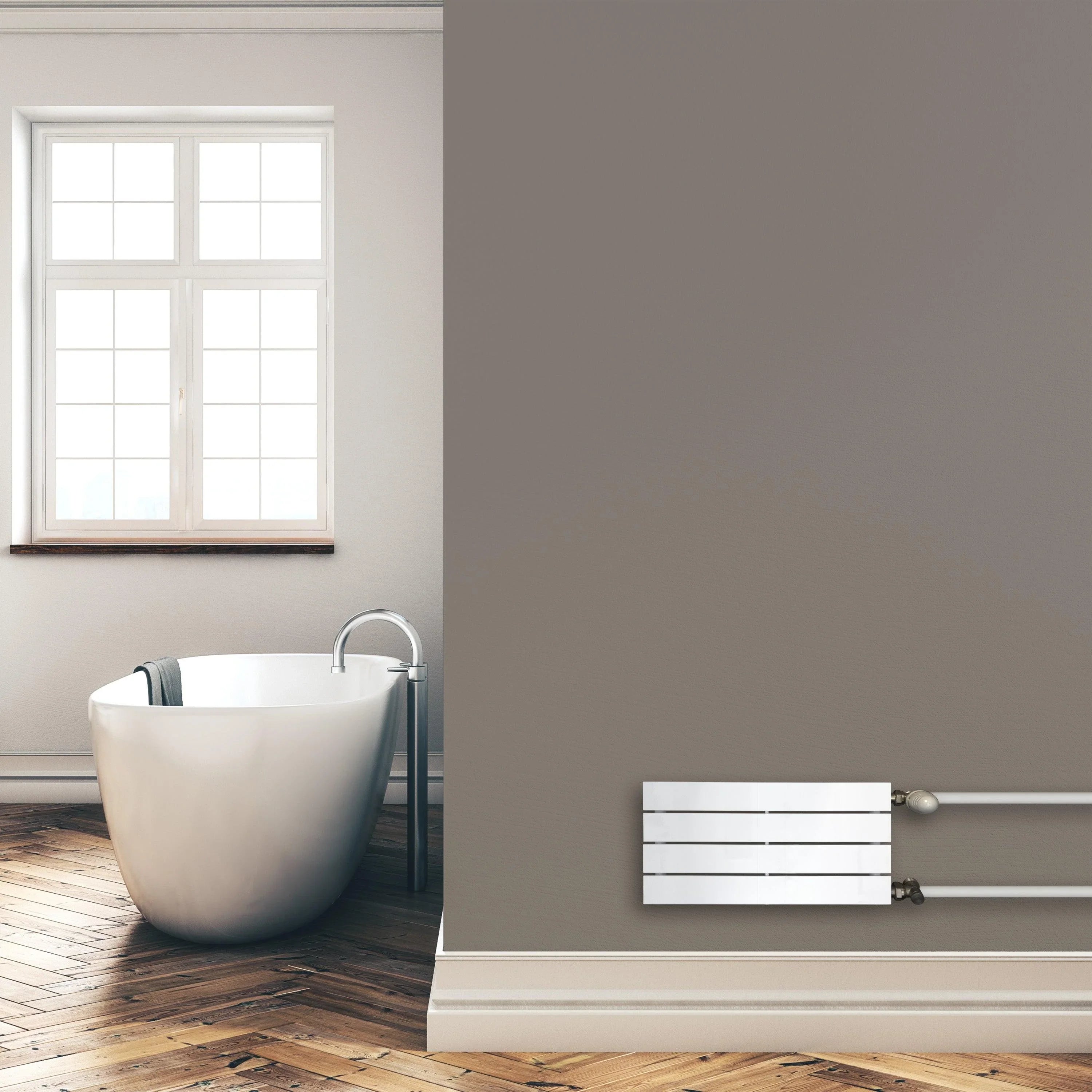 Design Paneelheizkörper 298 x 600 mm horizontal mit seitlichem Anschluss Heizkörper Badheizkörper flach Montagebeispiel - heizkoerper.shop