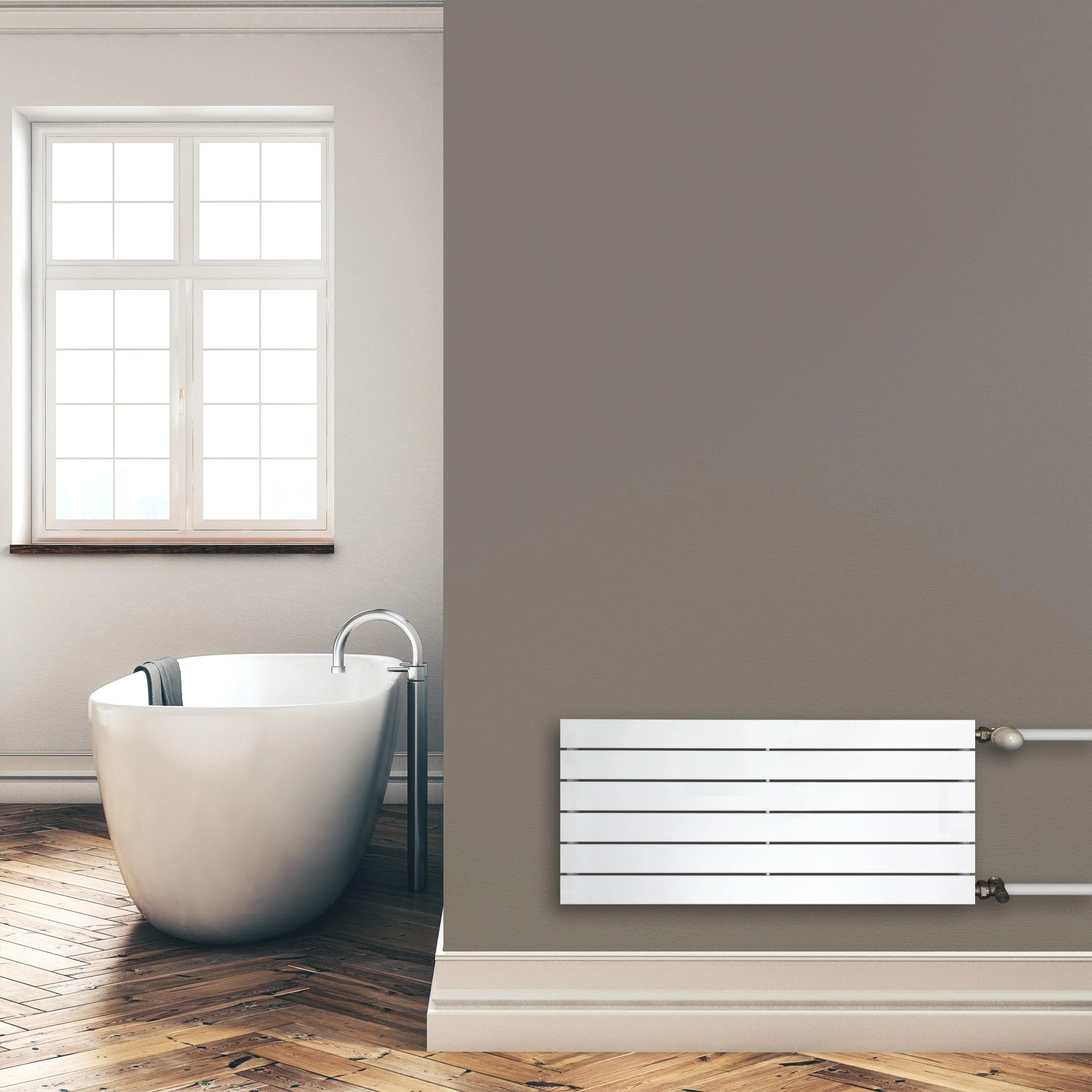 Design Paneelheizkörper 450 x 1000 mm horizontal mit seitlichem Anschluss Heizkörper Badheizkörper flach Montagebeispiel - heizkoerper.shop