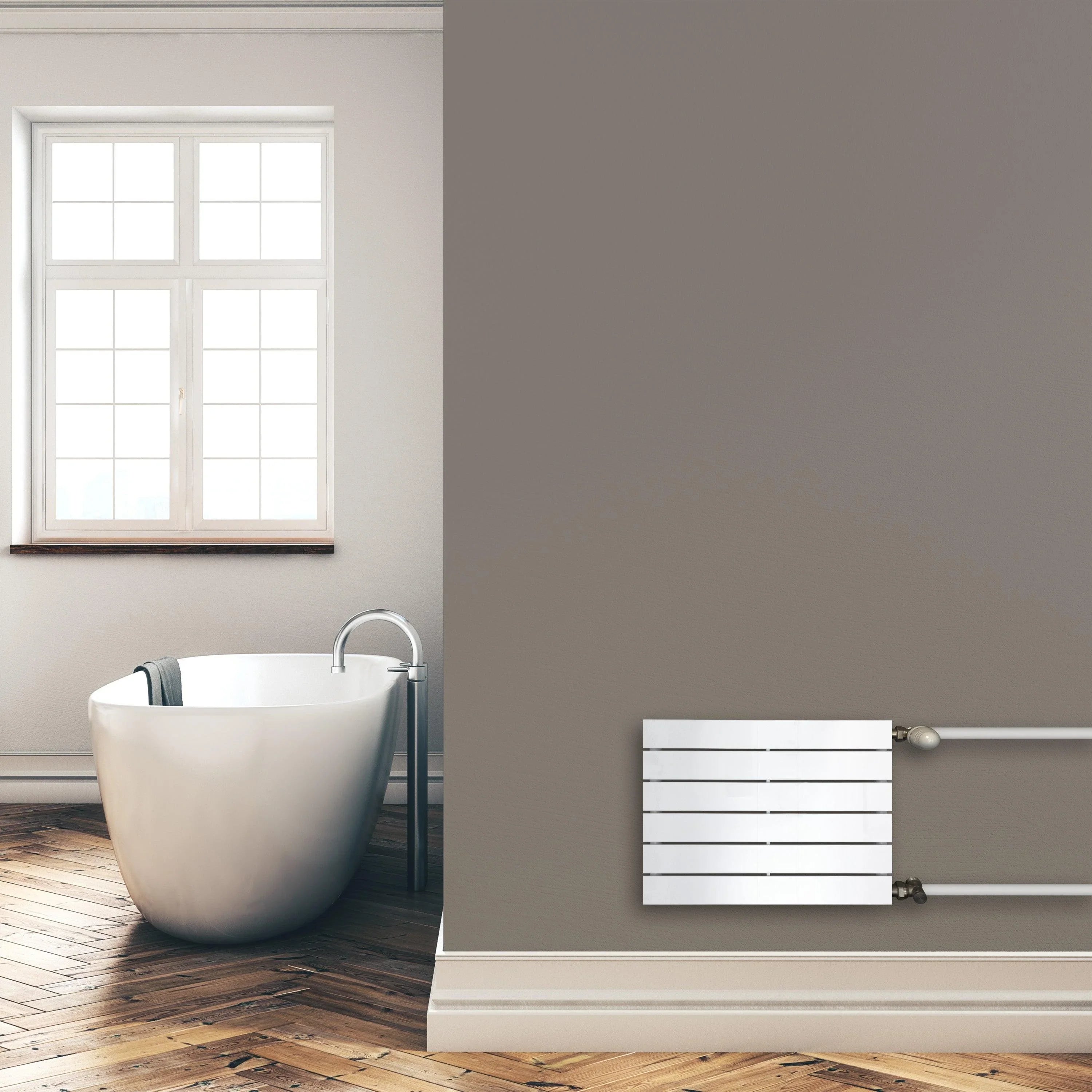 Design Paneelheizkörper 450 x 600 mm horizontal mit seitlichem Anschluss Heizkörper Badheizkörper flach Montagebeispiel - heizkoerper.shop