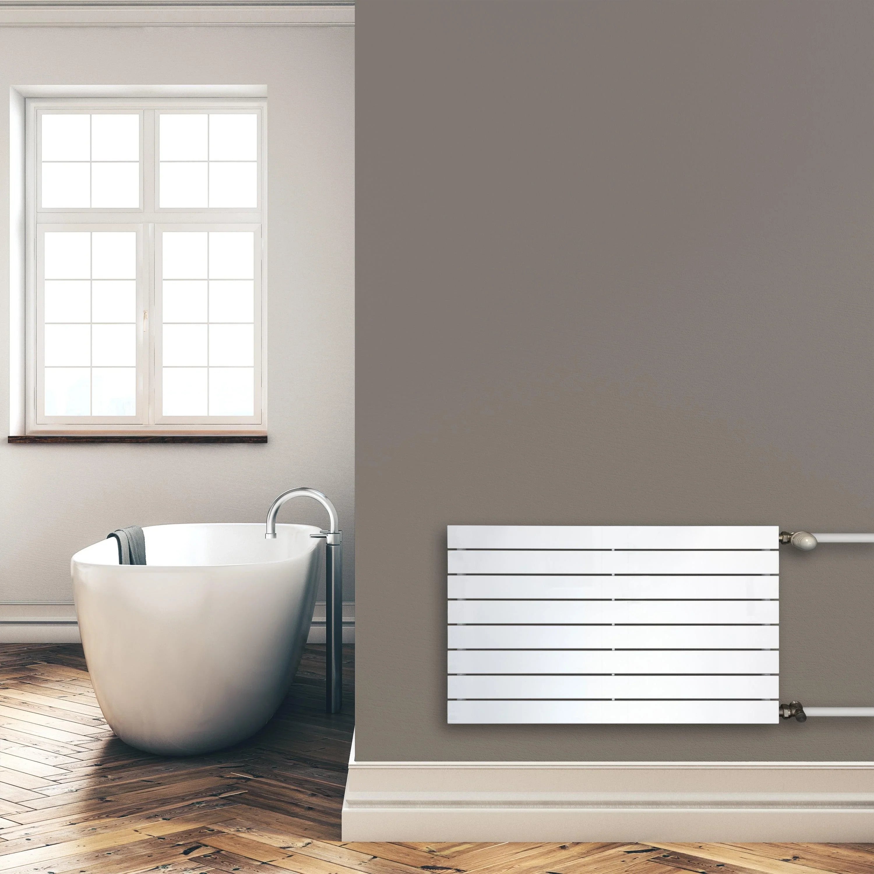 Design Paneelheizkörper 602 x 1000 mm horizontal mit seitlichem Anschluss Heizkörper Badheizkörper flach Montagebeispiel - heizkoerper.shop