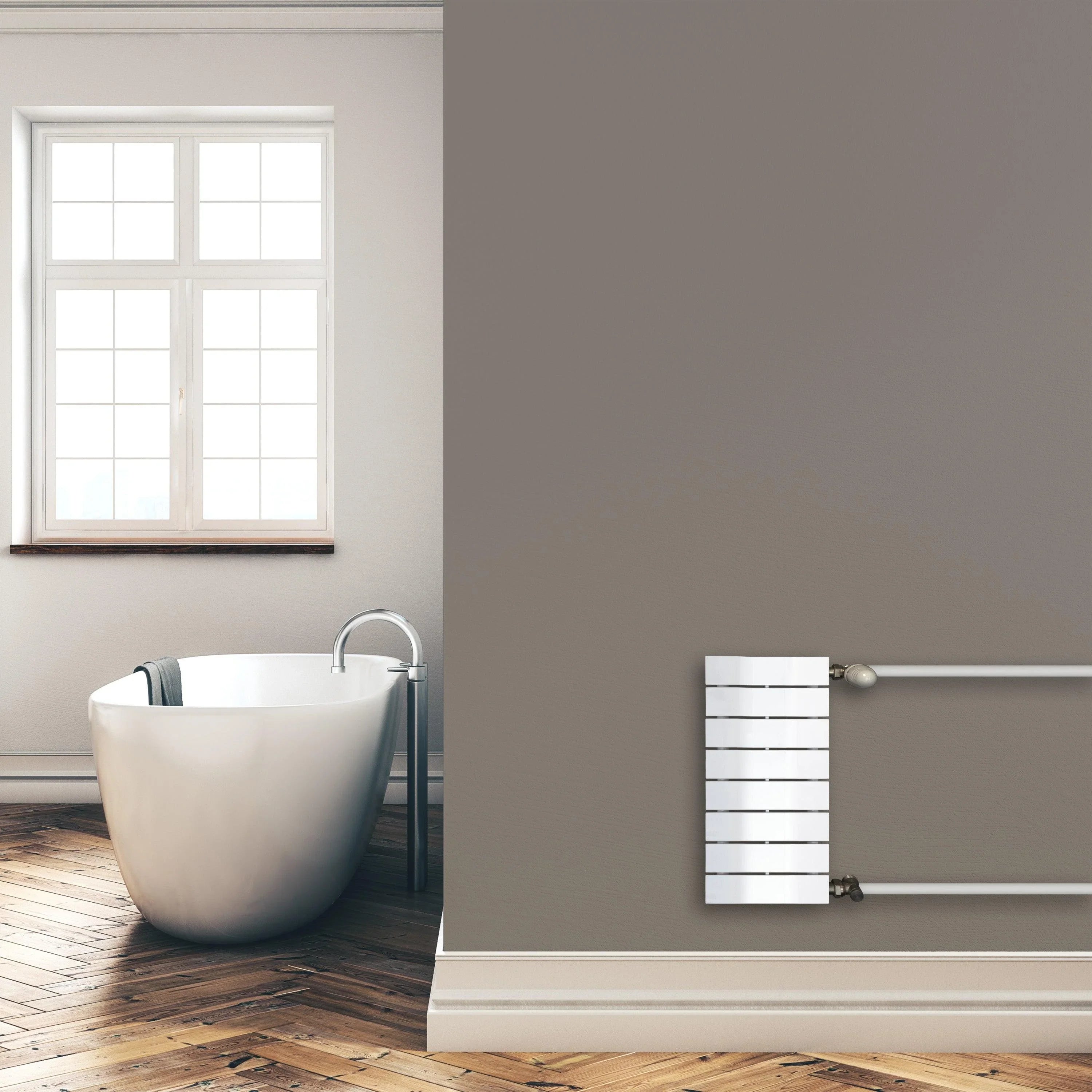 Design Paneelheizkörper 602 x 300 mm horizontal mit seitlichem Anschluss Heizkörper Badheizkörper flach Montagebeispiel - heizkoerper.shop