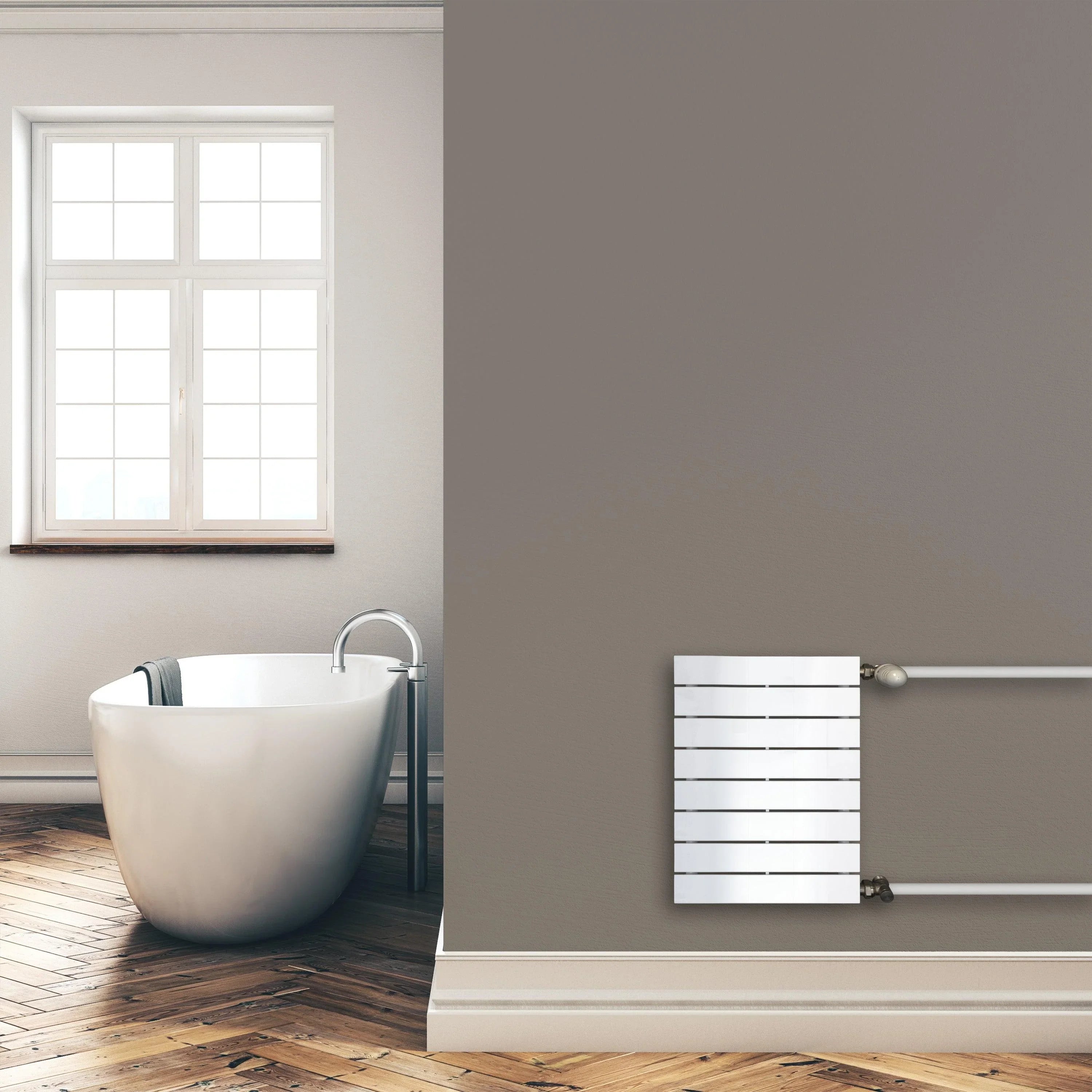 Design Paneelheizkörper 602 x 450 mm horizontal mit seitlichem Anschluss Heizkörper Badheizkörper flach Montagebeispiel - heizkoerper.shop