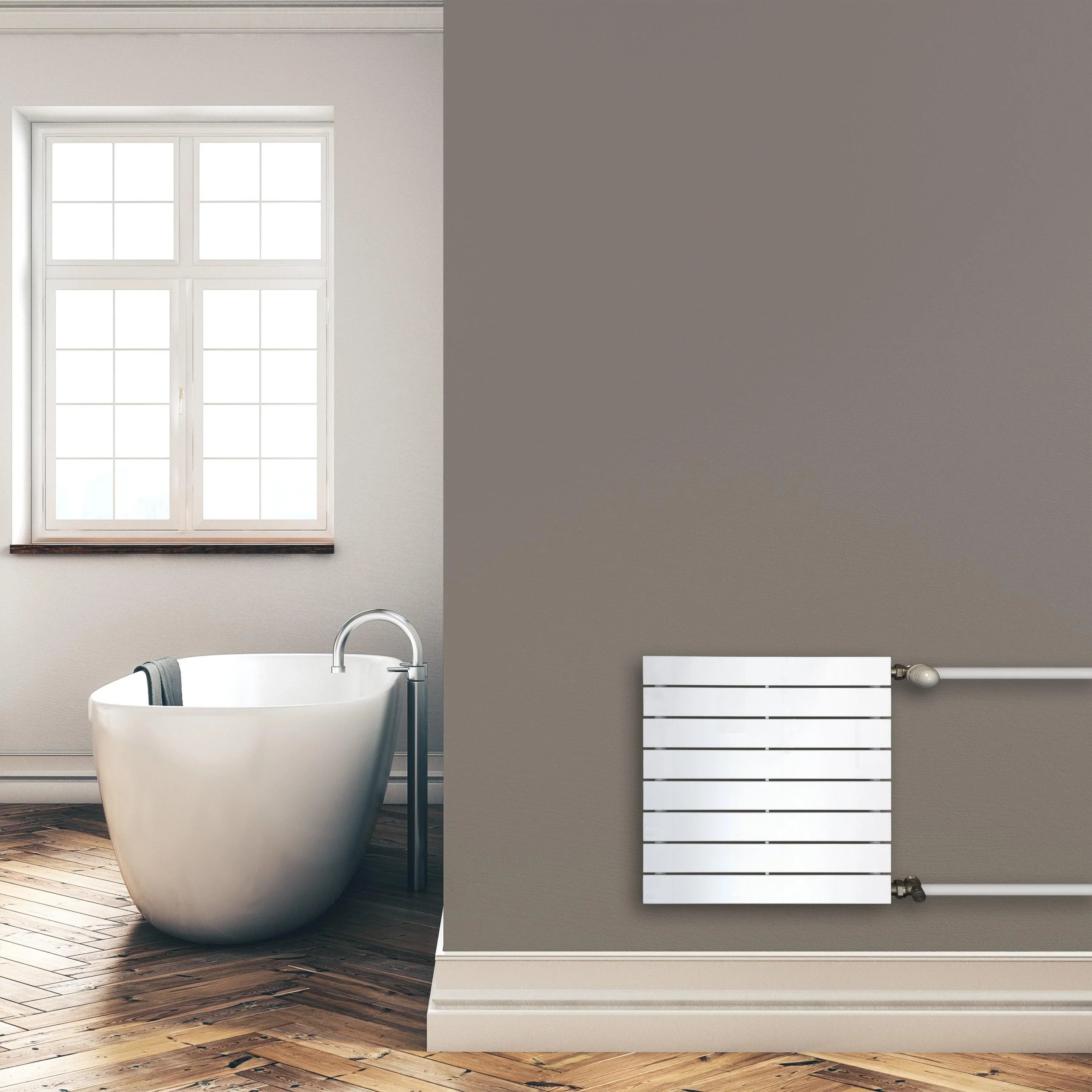 Design Paneelheizkörper 602 x 600 mm horizontal mit seitlichem Anschluss Heizkörper Badheizkörper flach Montagebeispiel - heizkoerper.shop