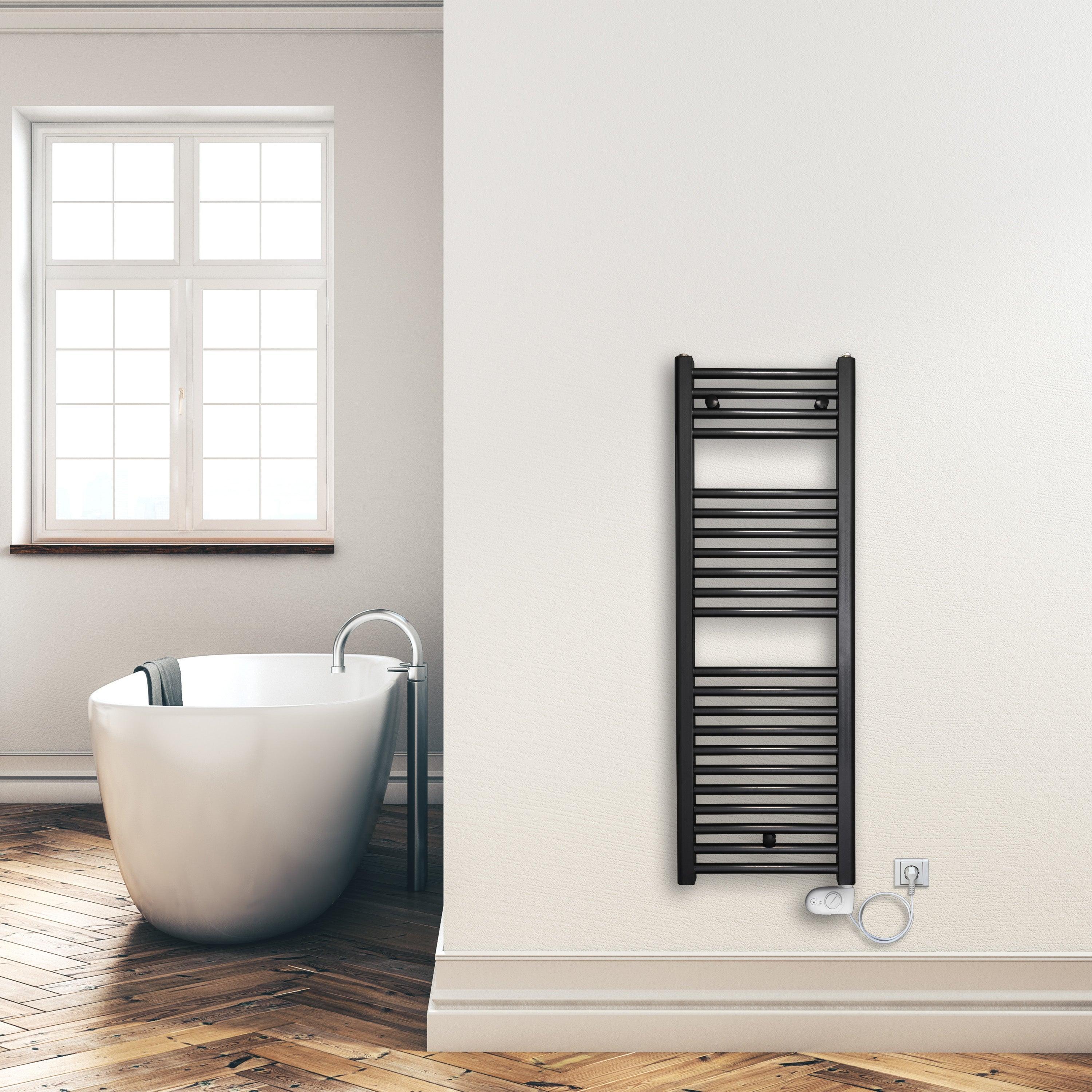 Badheizkörper 1160 x 400 mm gerade mit analogem Thermostat Elektroheizkörper Handtuchwärmer elektrischer Handtuchhalter schwarz Montagebeispiel - heizkoerper.shop
