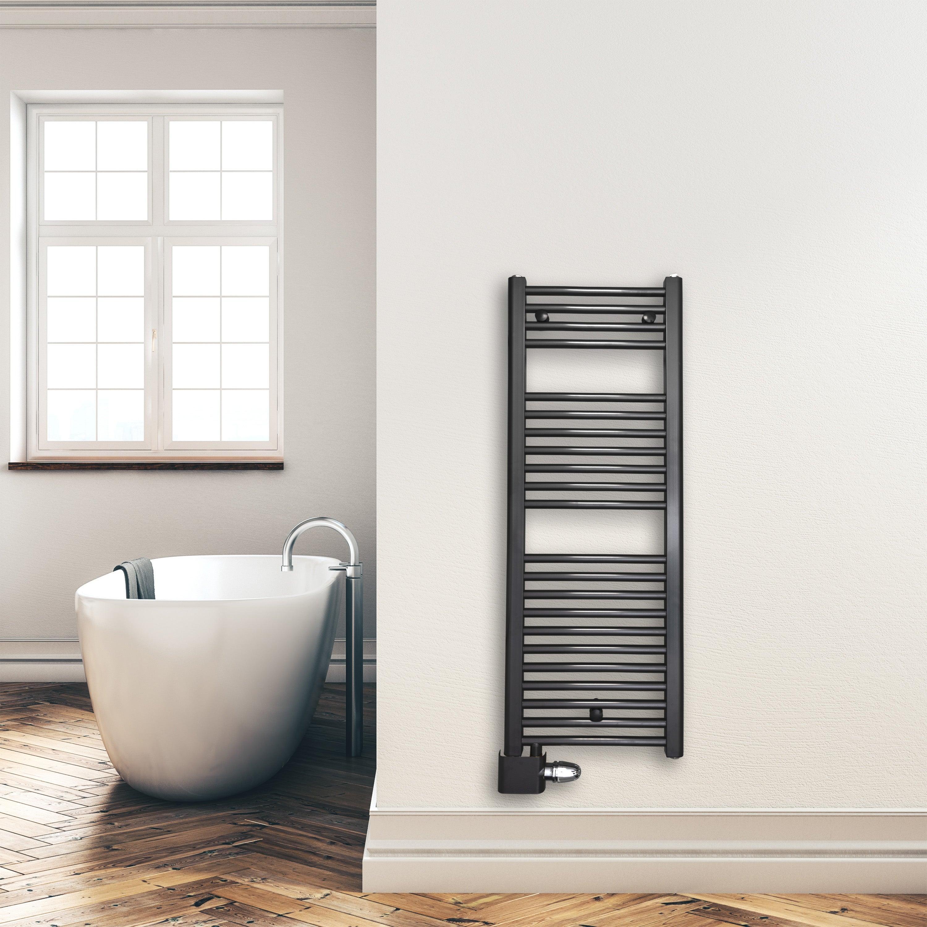 Handtuchheizkörper Badheizkörper 1160 x 400 mm mit Anschluss links oder rechts anthrazit | mit versetztem Mittelanschluss Montagebeispiel - heizkoerper.shop