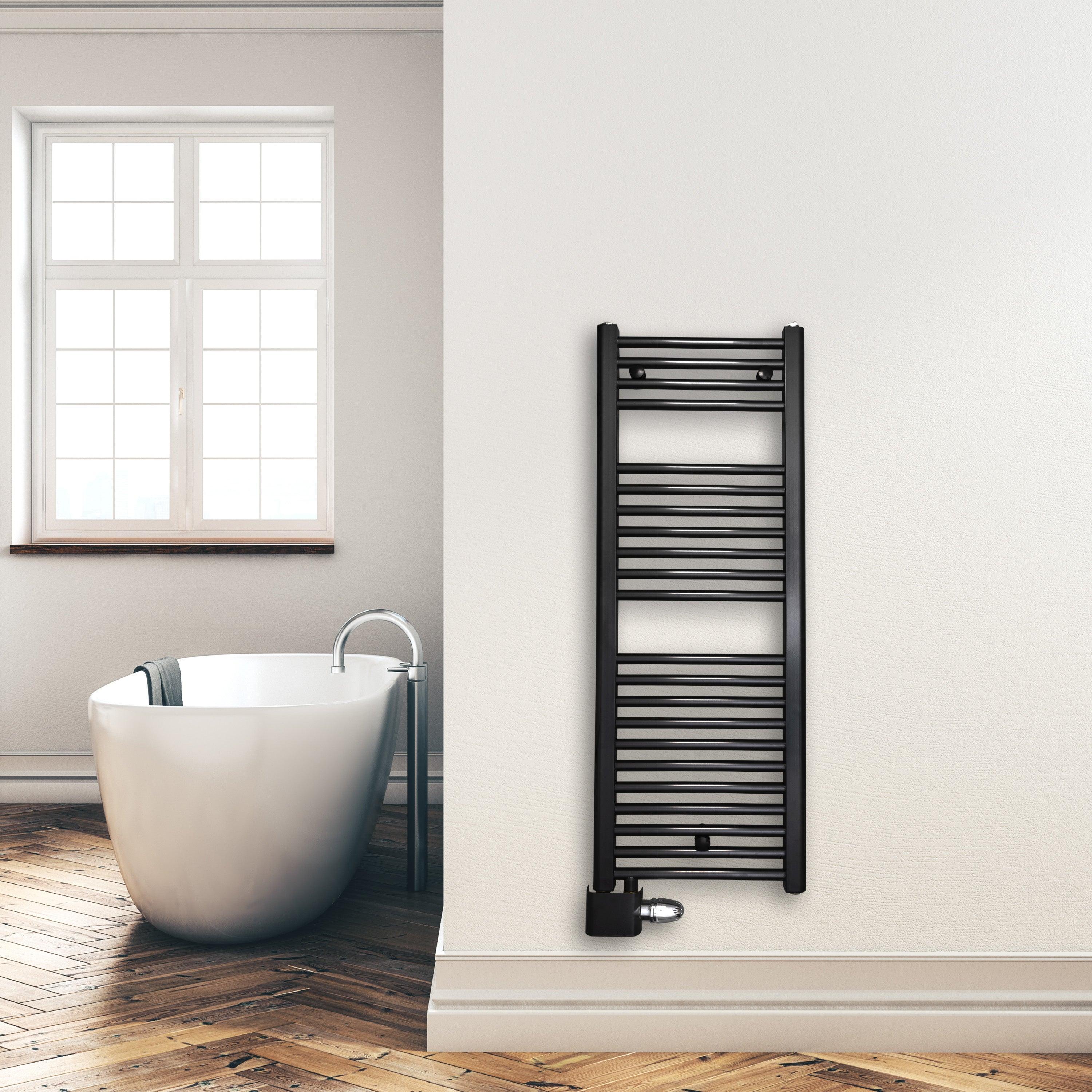 Handtuchheizkörper Badheizkörper 1160 x 400 mm mit Anschluss links oder rechts schwarz | mit versetztem Mittelanschluss Montagebeispiel - heizkoerper.shop