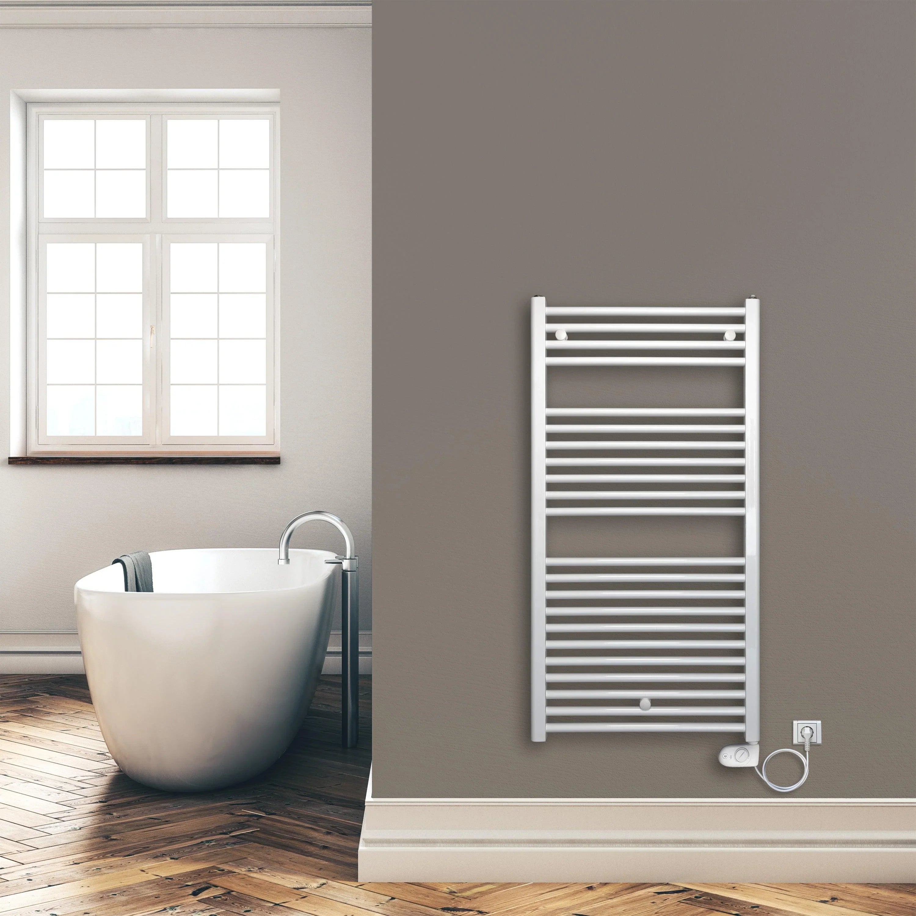 Badheizkörper 1160 x 600 mm gerade mit analogem Thermostat Elektroheizkörper Handtuchwärmer elektrischer Handtuchhalter weiß Montagebeispiel - heizkoerper.shop
