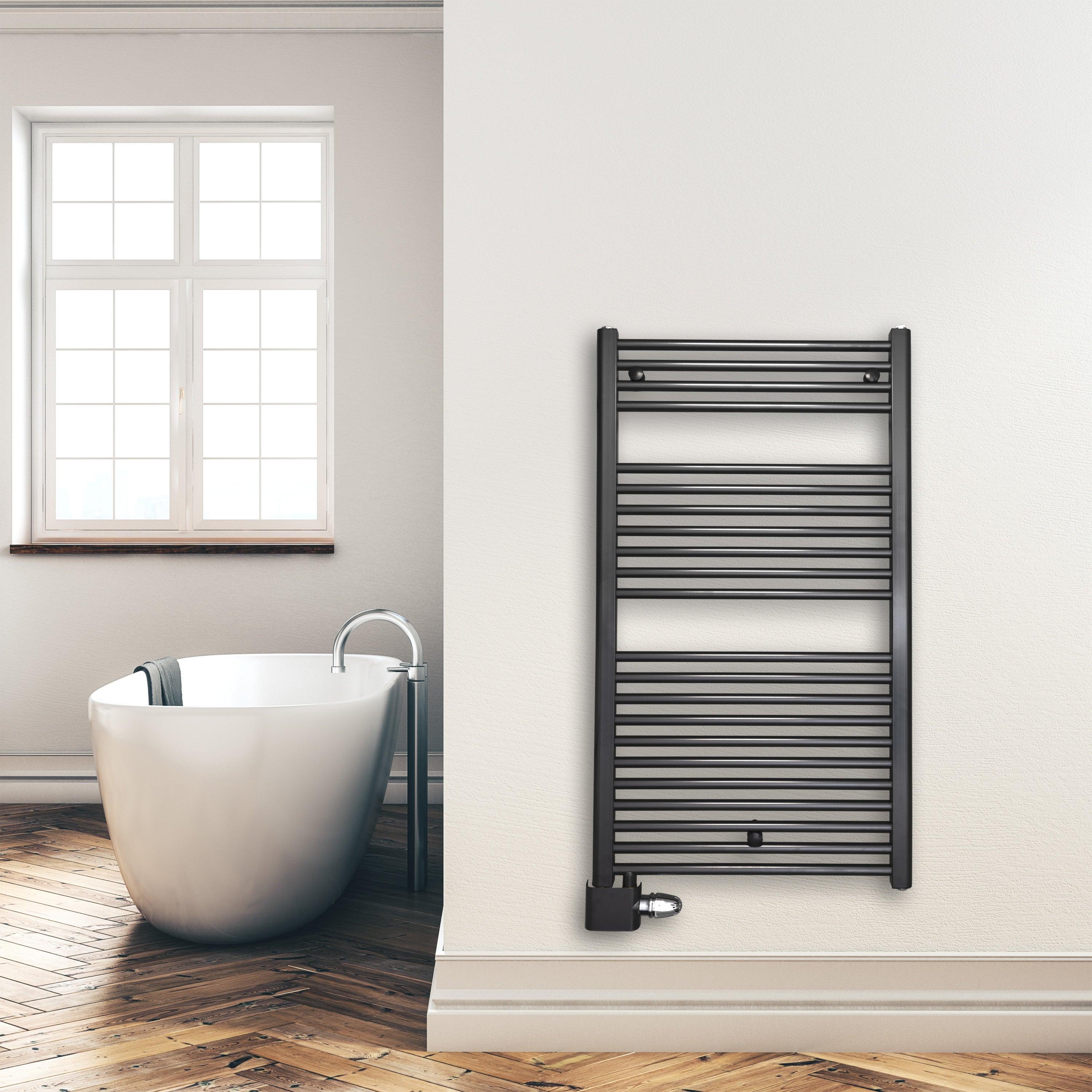 Handtuchheizkörper Badheizkörper 1160 x 600 mm mit Anschluss links oder rechts anthrazit | mit versetztem Mittelanschluss Montagebeispiel - heizkoerper.shop