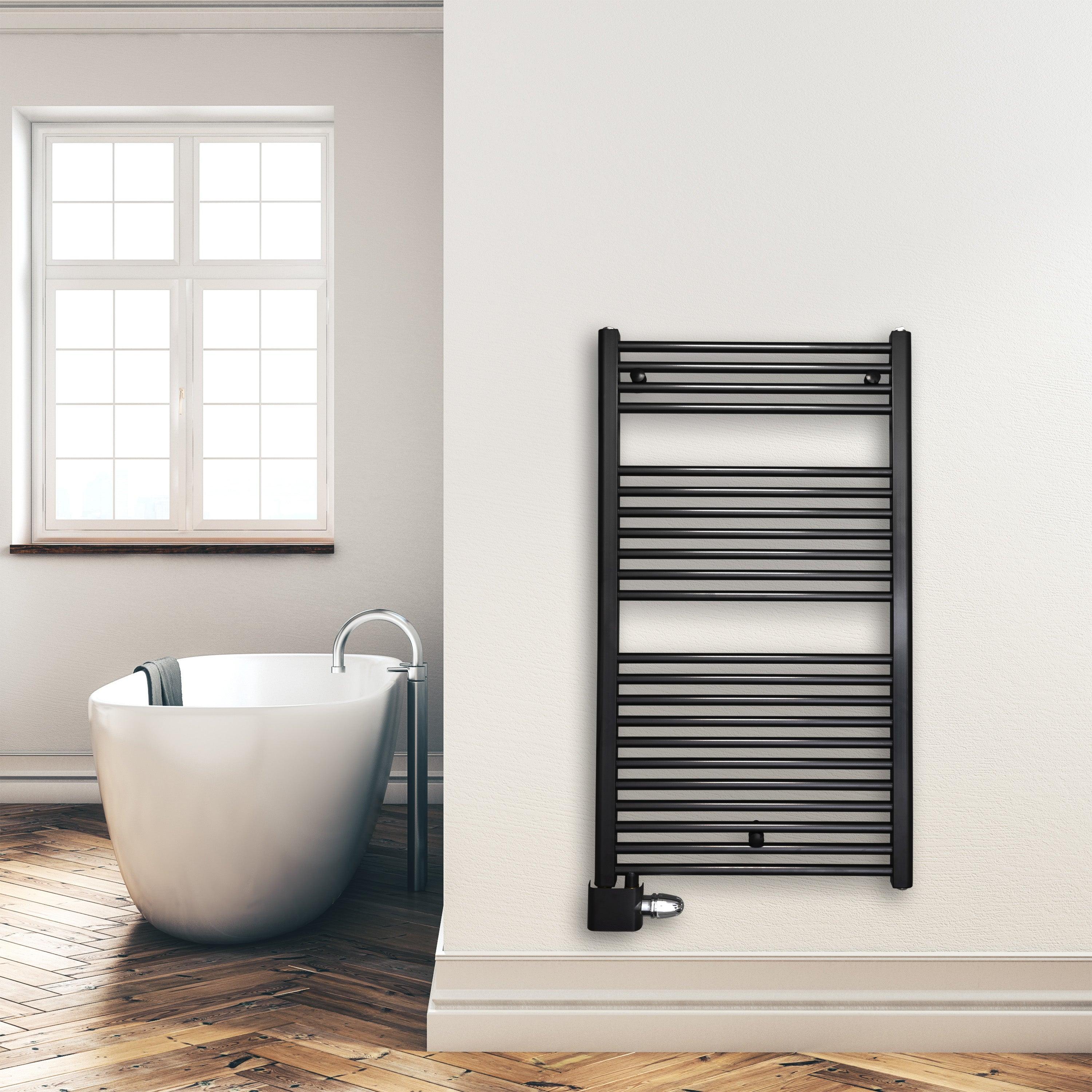 Handtuchheizkörper Badheizkörper 1160 x 600 mm mit Anschluss links oder rechts schwarz | mit versetztem Mittelanschluss Montagebeispiel - heizkoerper.shop