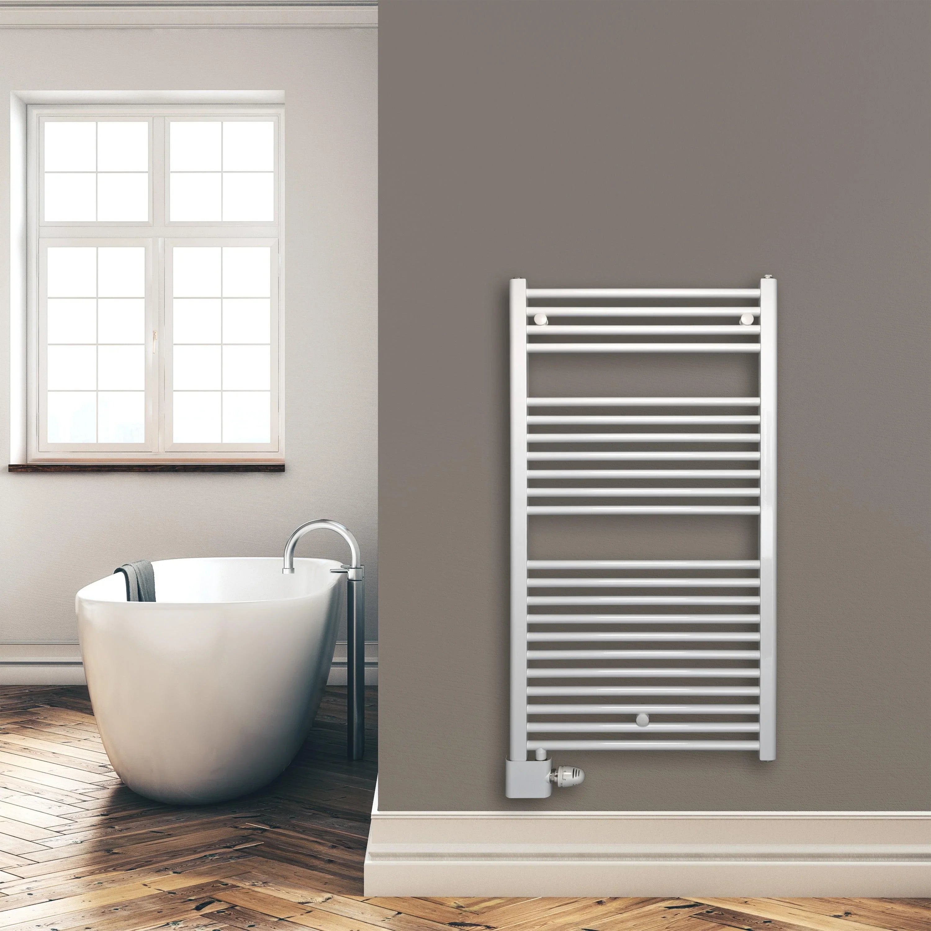 Handtuchheizkörper Badheizkörper 1160 x 600 mm mit Anschluss links oder rechts weiß | mit versetztem Mittelanschluss Montagebeispiel - heizkoerper.shop