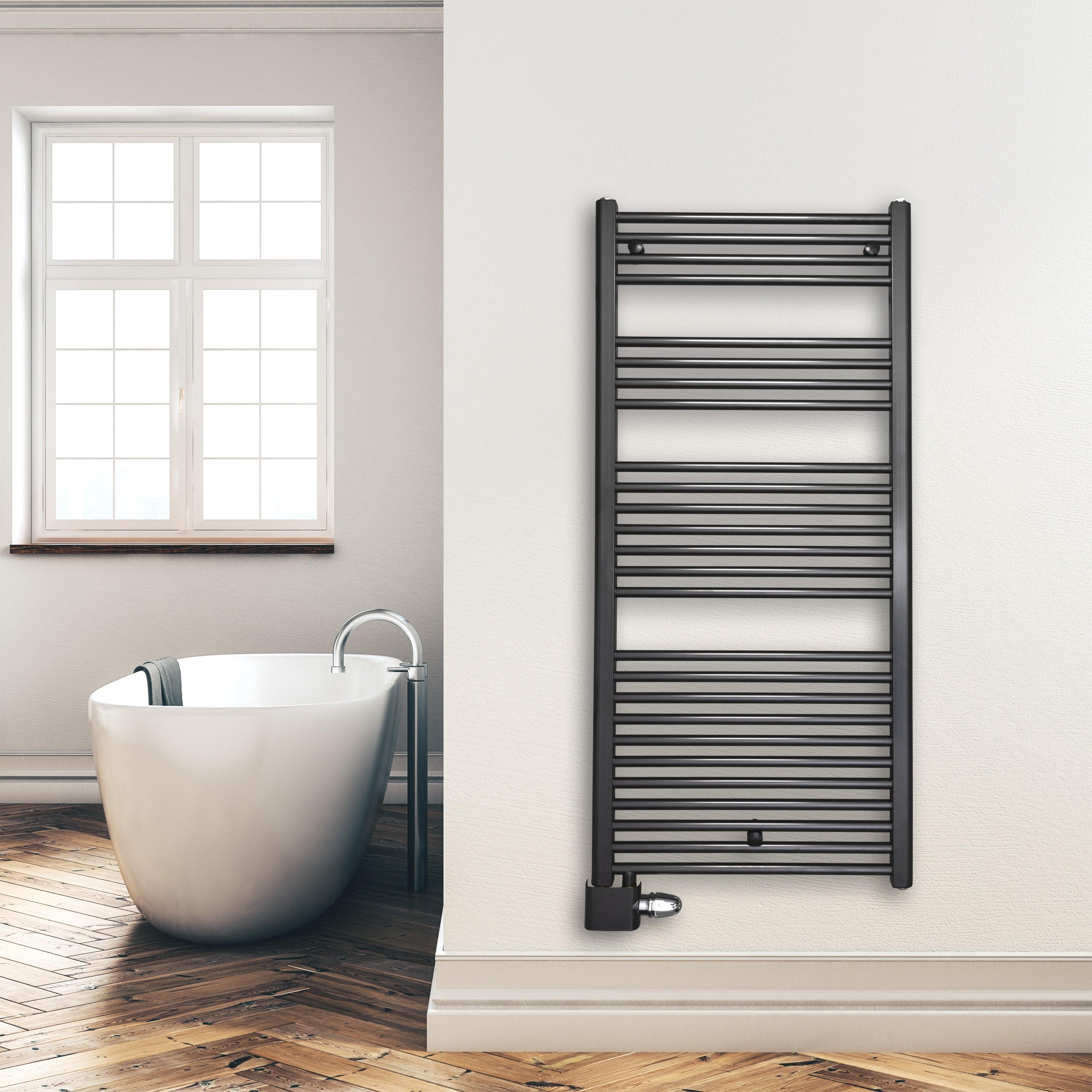 Handtuchheizkörper Badheizkörper 1424 x 600 mm mit Anschluss links oder rechts anthrazit | mit versetztem Mittelanschluss Montagebeispiel - heizkoerper.shop