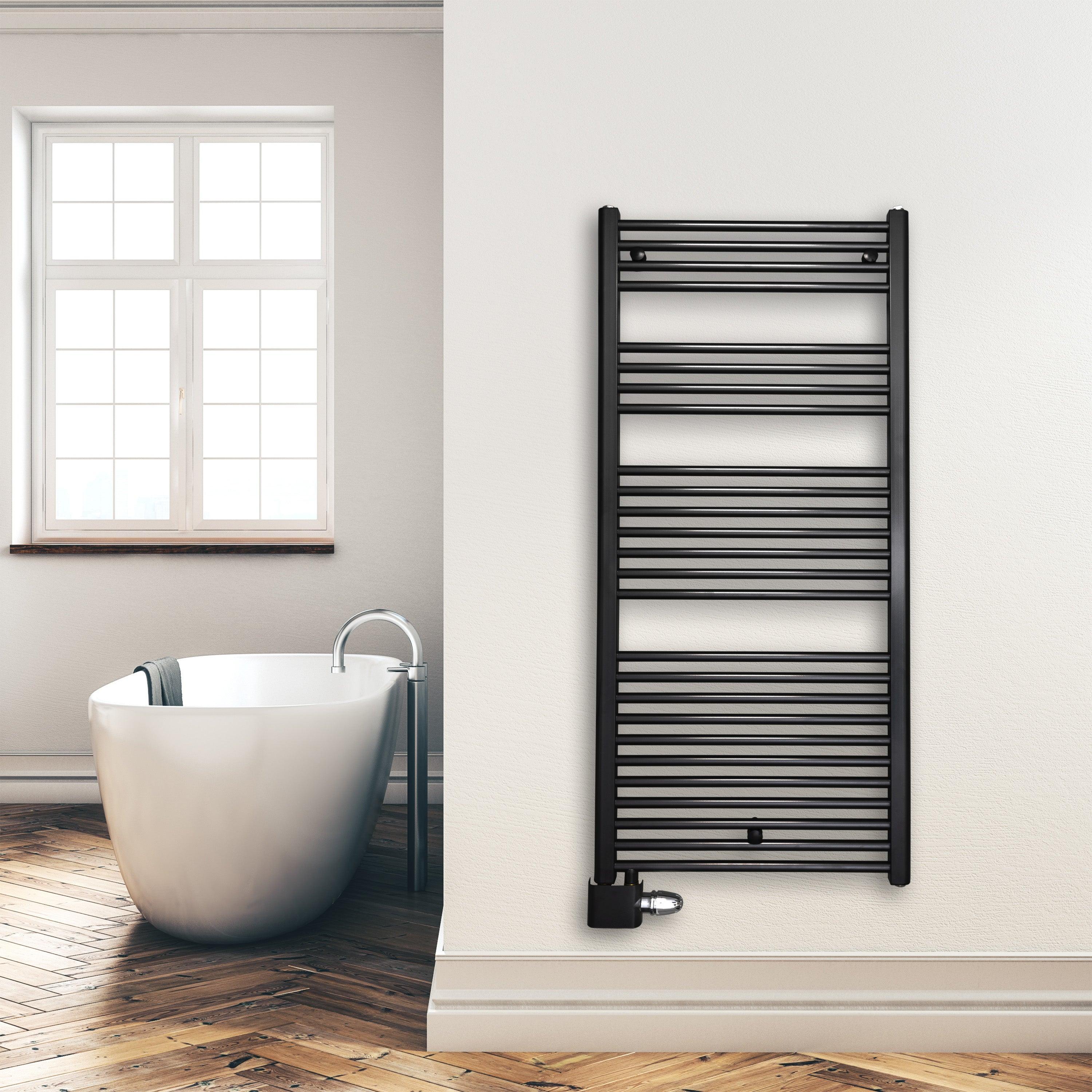 Handtuchheizkörper Badheizkörper 1424 x 600 mm mit Anschluss links oder rechts schwarz | mit versetztem Mittelanschluss Montagebeispiel - heizkoerper.shop