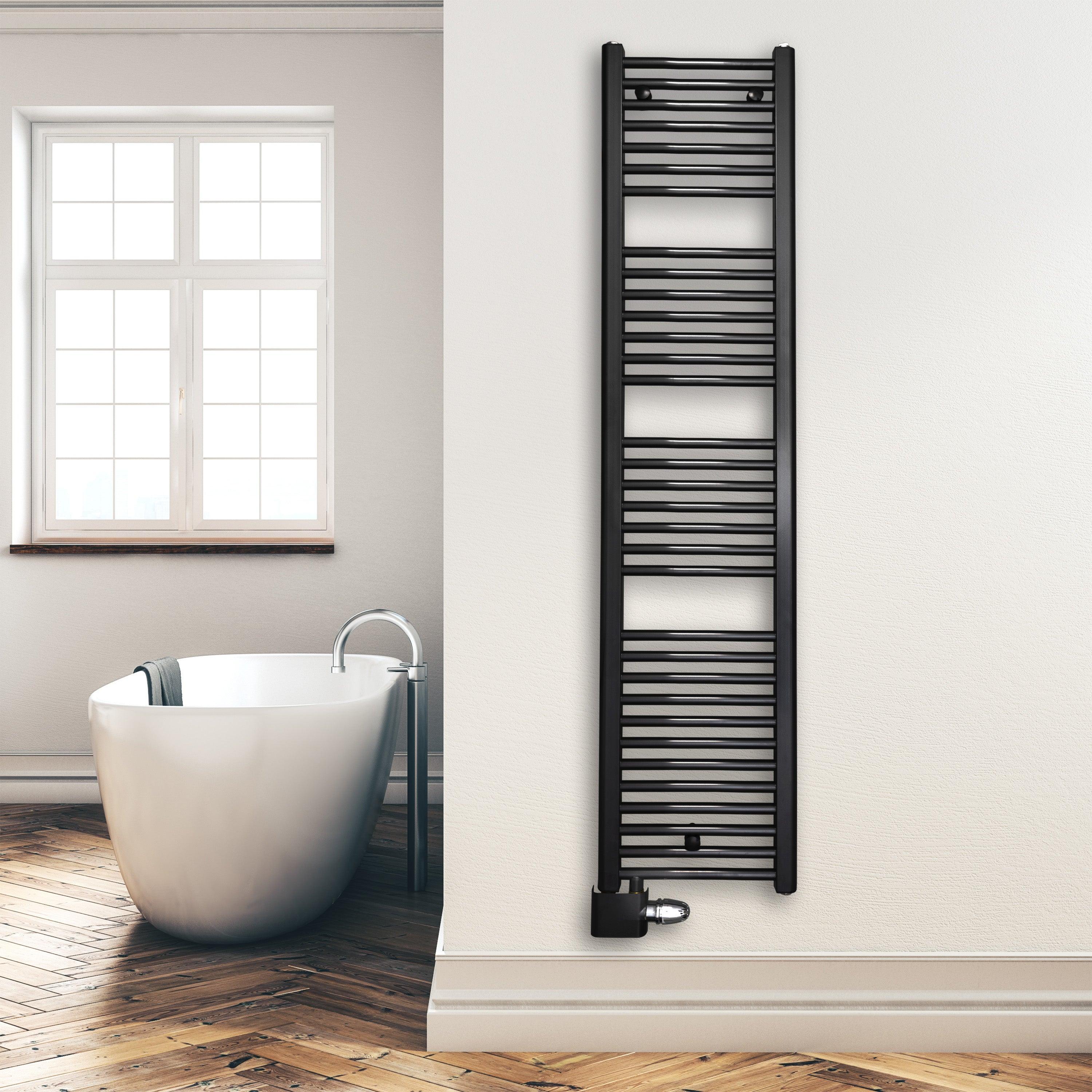 Badheizkörper Handtuchheizkörper 1732 x 400 mm mit Anschluss links oder rechts schwarz | mit versetztem Mittelanschluss Montagebeispiel - heizkoerper.shop
