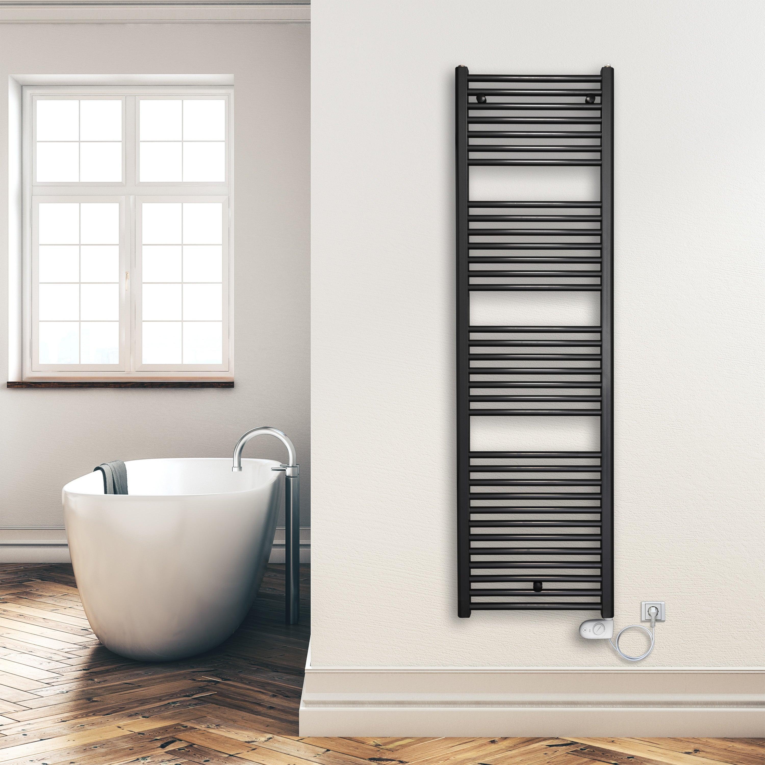 Badheizkörper 1732 x 500 mm gerade mit analogem Thermostat Elektroheizkörper Handtuchwärmer elektrischer Handtuchhalter schwarz Montagebeispiel - heizkoerper.shop