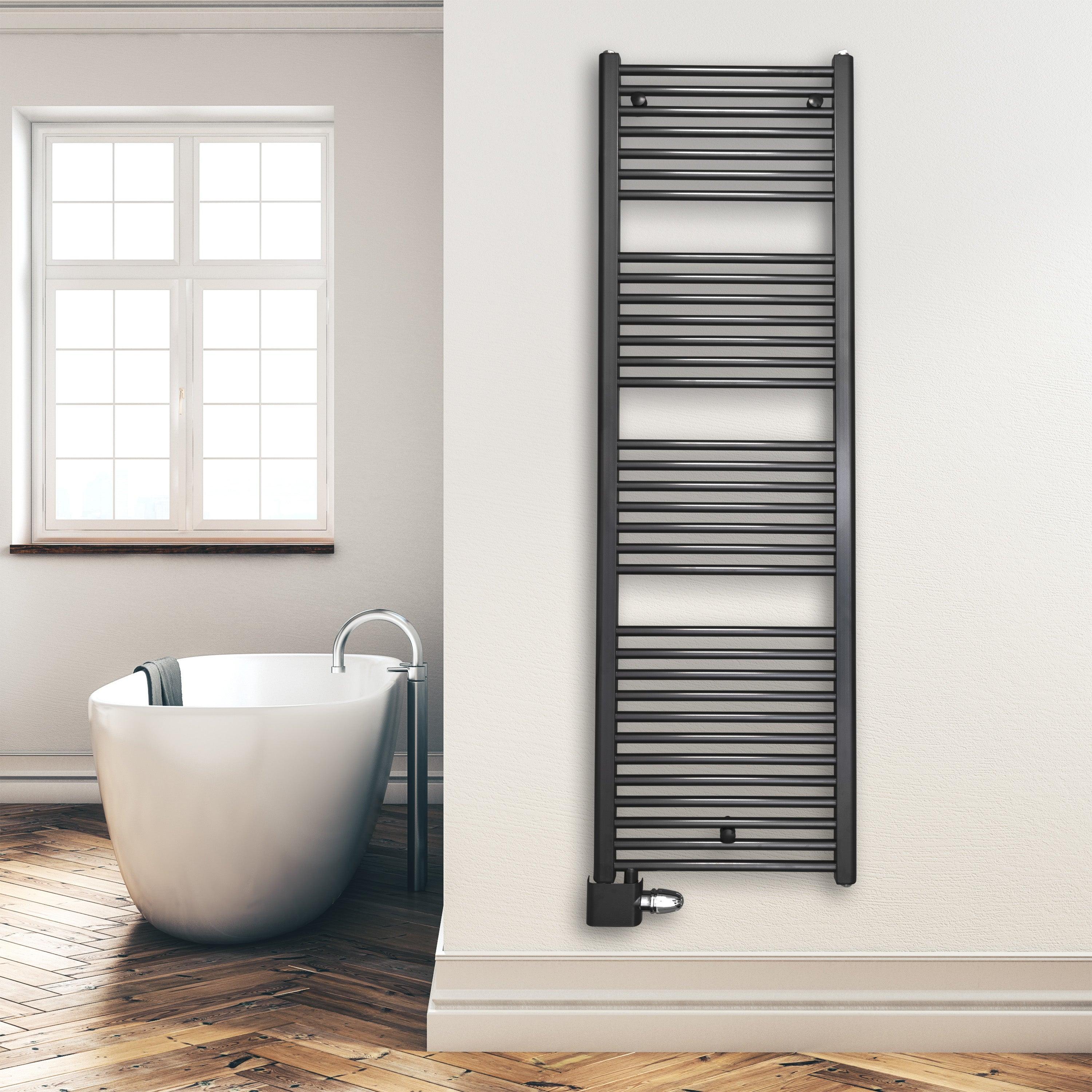 Handtuchheizkörper Badheizkörper 1732 x 500 mm mit Anschluss links oder rechts anthrazit | mit versetztem Mittelanschluss Montagebeispiel - heizkoerper.shop