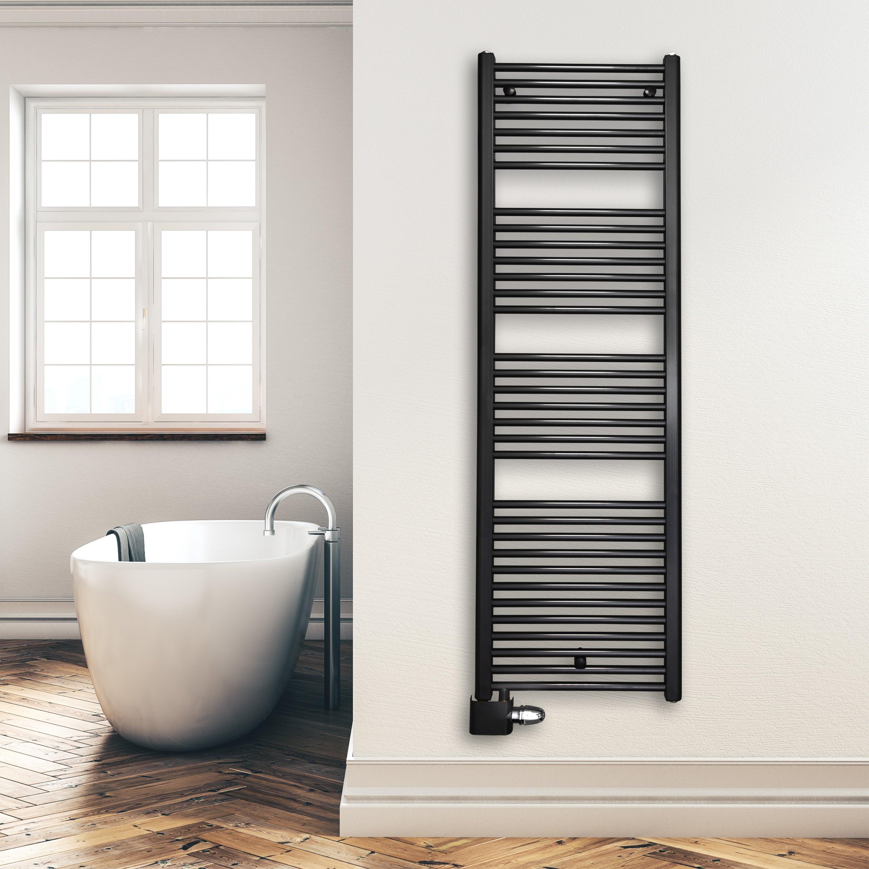Handtuchheizkörper Badheizkörper 1732 x 500 mm mit Anschluss links oder rechts schwarz | mit versetztem Mittelanschluss Montagebeispiel - heizkoerper.shop