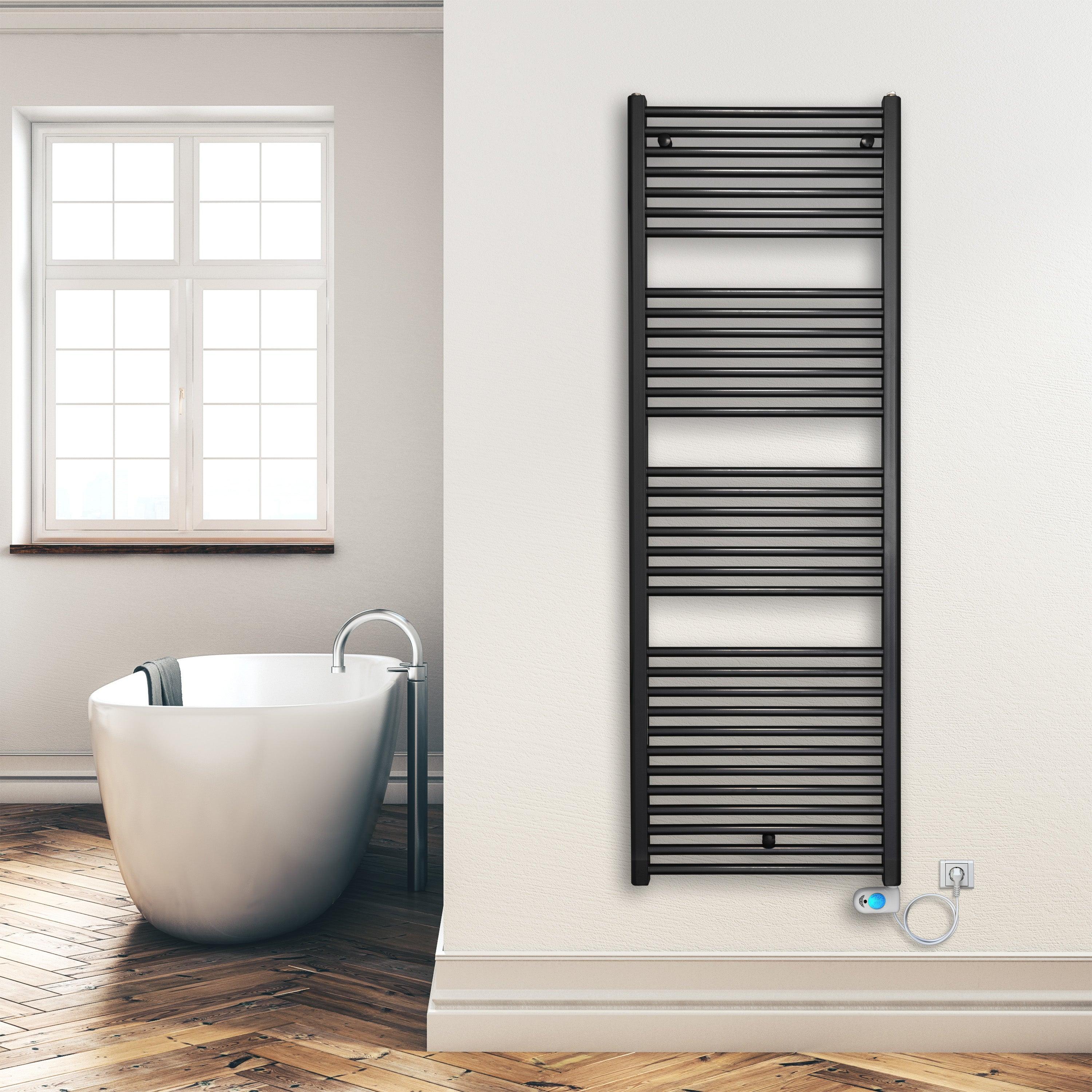Badheizkörper 1732 x 600 mm gerade mit digitalem Thermotimer Elektroheizkörper Handtuchwärmer elektrischer Handtuchhalter schwarz Montagebeispiel - heizkoerper.shop