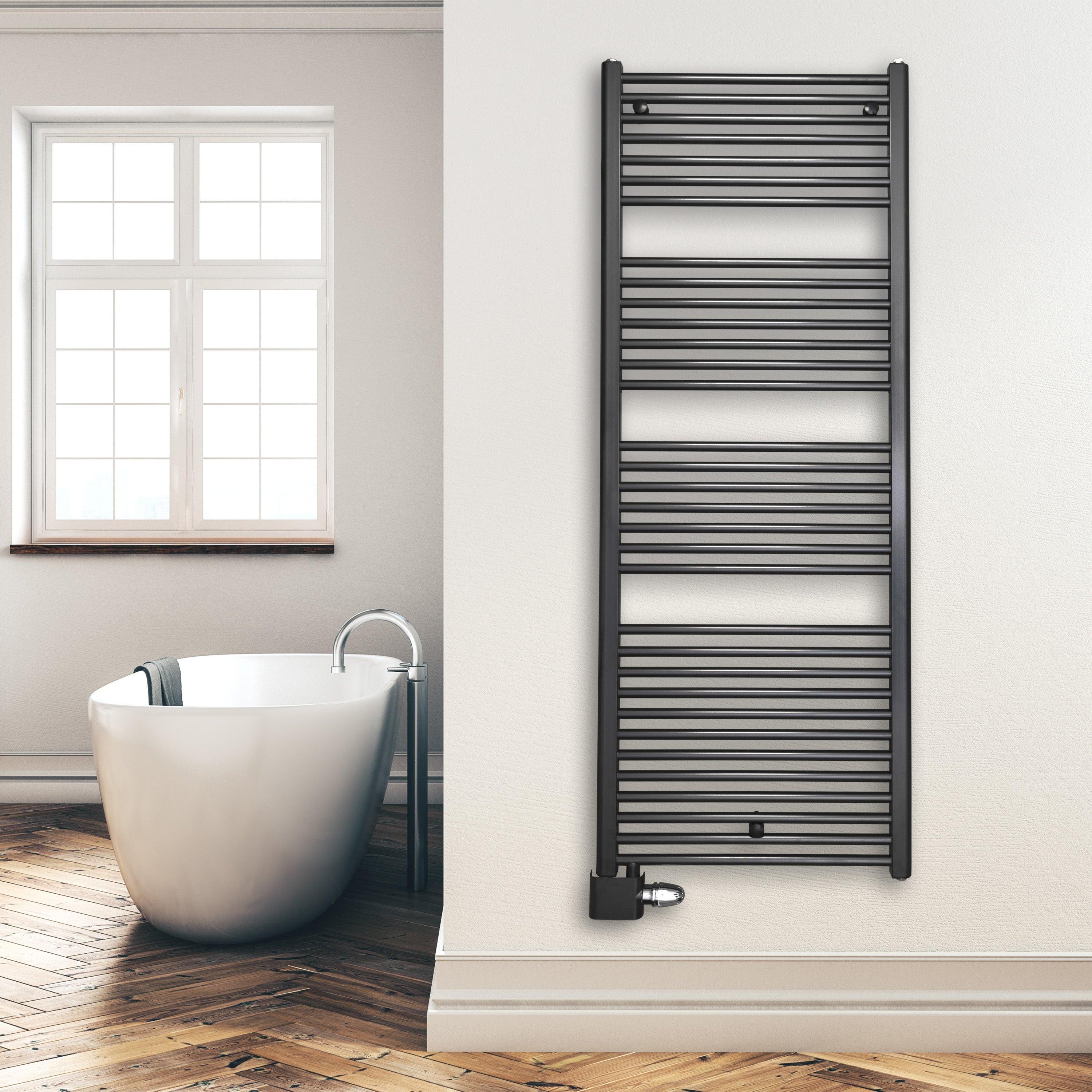 Handtuchheizkörper Badheizkörper 1732 x 600 mm mit Anschluss links oder rechts anthrazit | mit versetztem Mittelanschluss Montagebeispiel - heizkoerper.shop