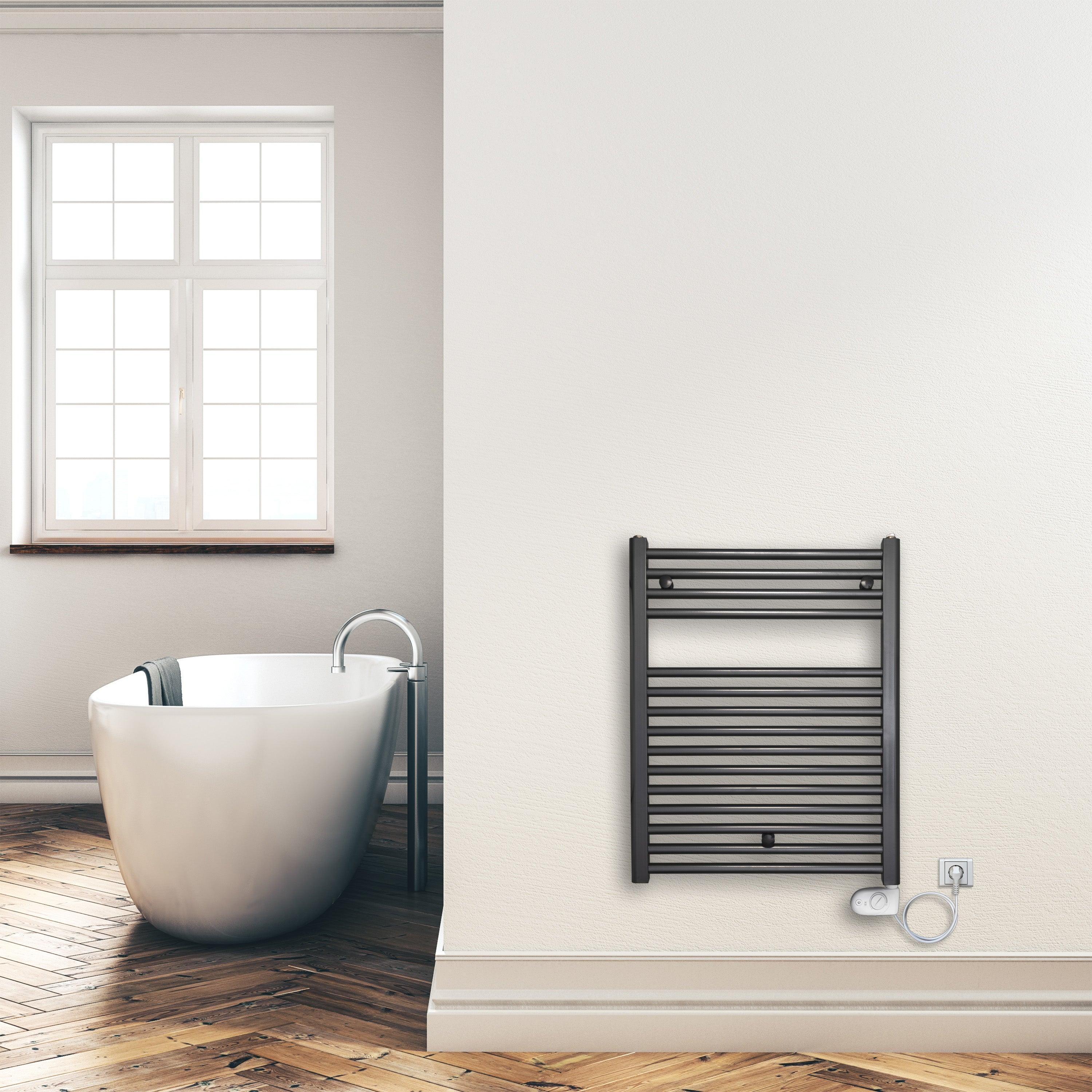 Badheizkörper 764 x 600 mm gerade mit analogem Thermostat Elektroheizkörper Handtuchwärmer elektrischer Handtuchhalter anthrazit Montagebeispiel - heizkoerper.shop