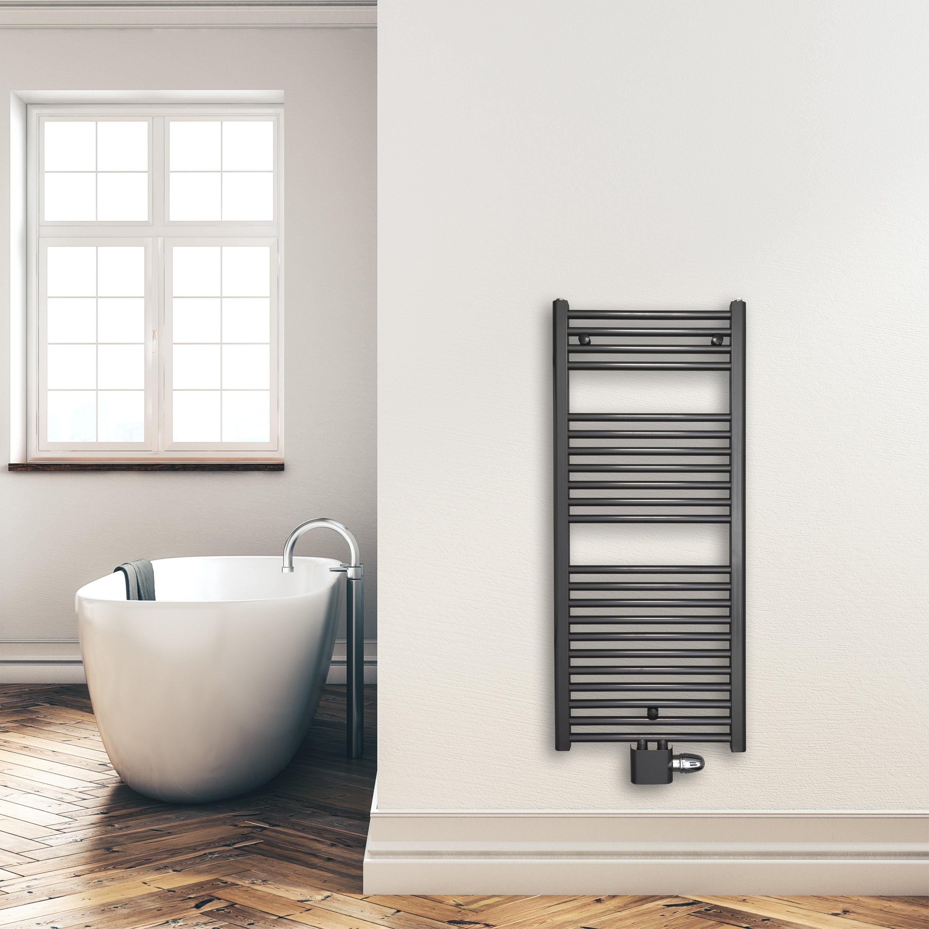 Handtuchheizkörper 1160 x 500 mm mit Mittelanschluss Handtuchhalter Badezimmer Heizung Handtuchwärmer anthrazit Montagebeispiel - heizkoerper.shop